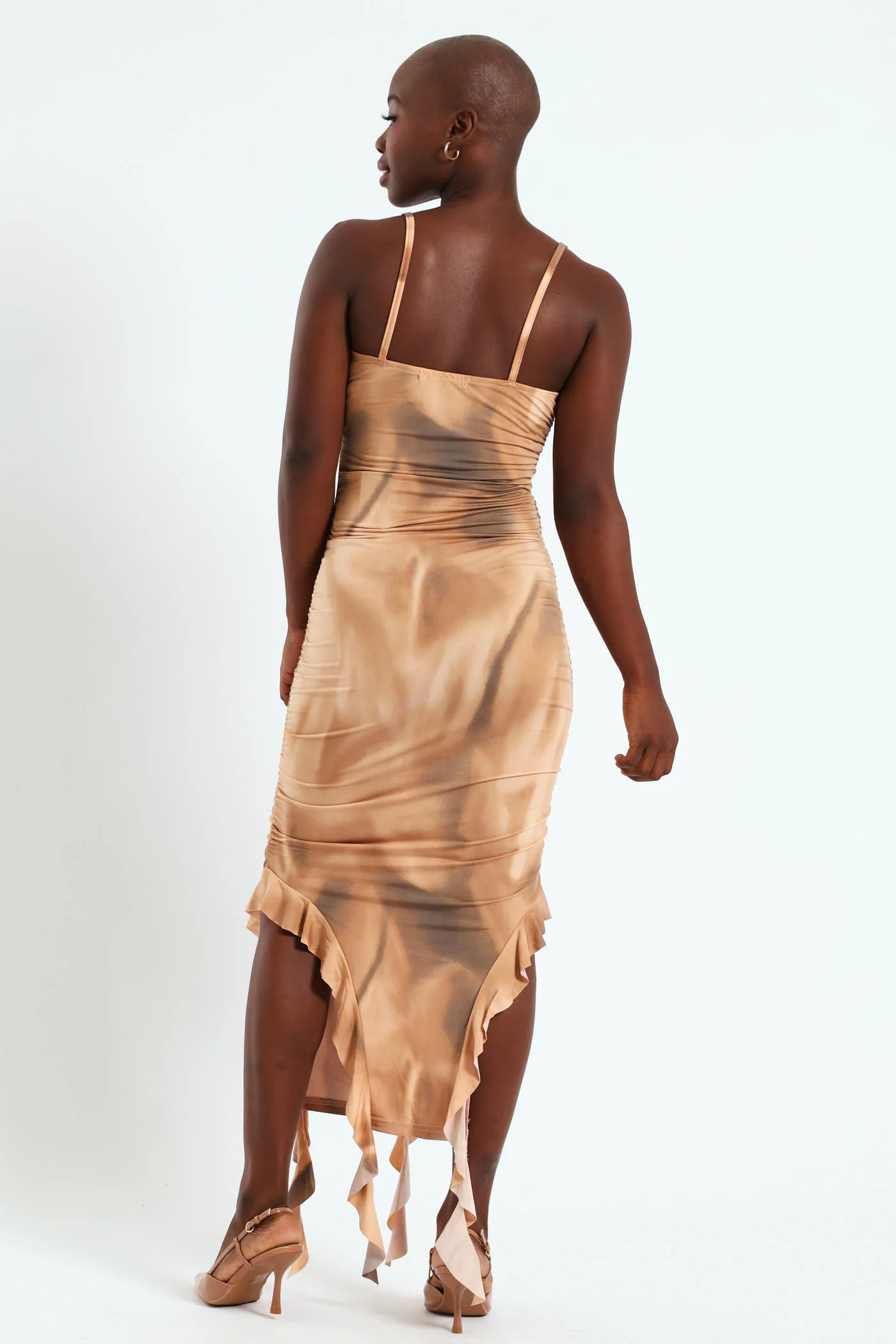 Cut Away Frill Hem Slinky Strap Dress - Multi - Image 3