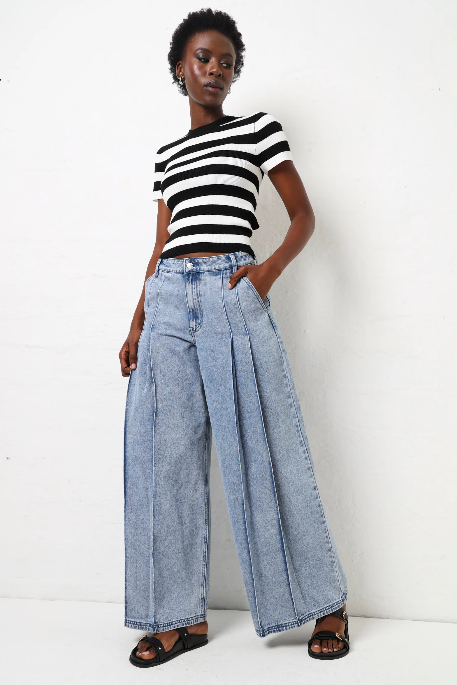 Deep Pleated Wide Leg Jean - Light Wash - Image 3