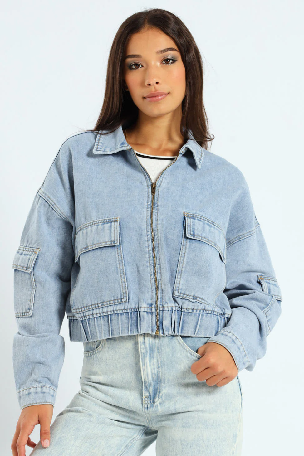 Denim Bomber Jacket - Light Wash - Image 5