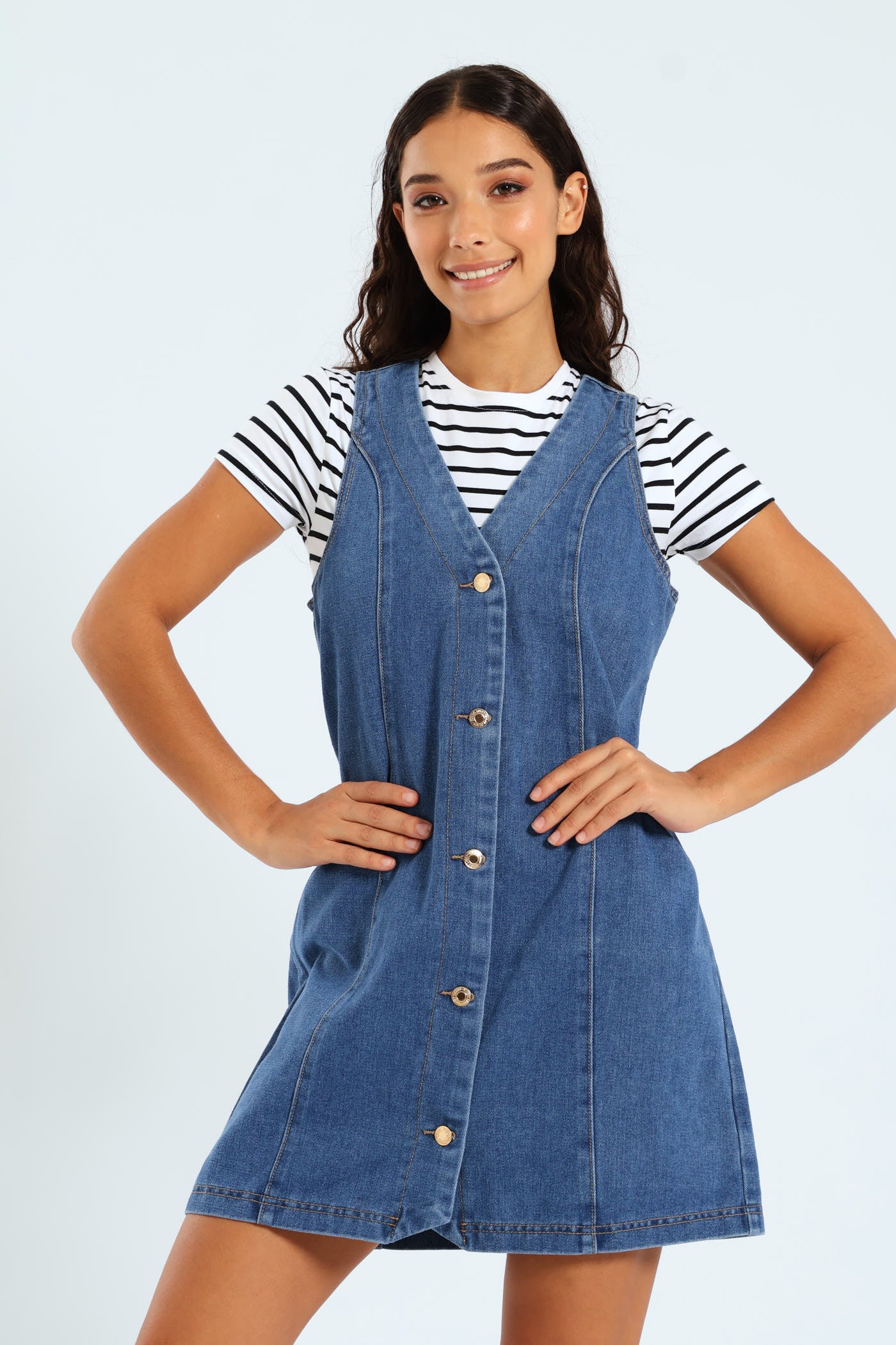 Denim Button Front Pinafore Dress - Stonewash