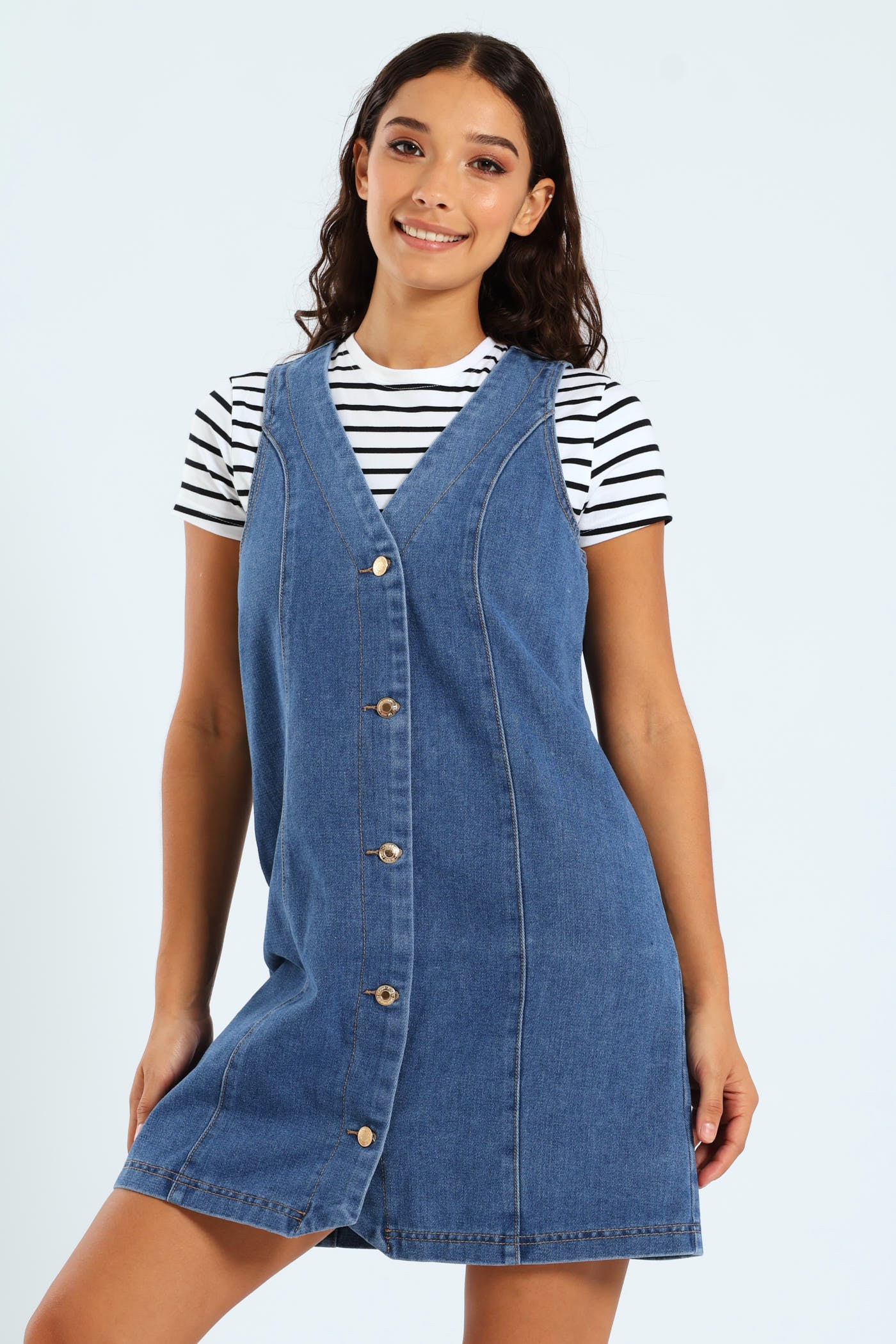 Denim Button Front Pinafore Dress - Stonewash - Image 3