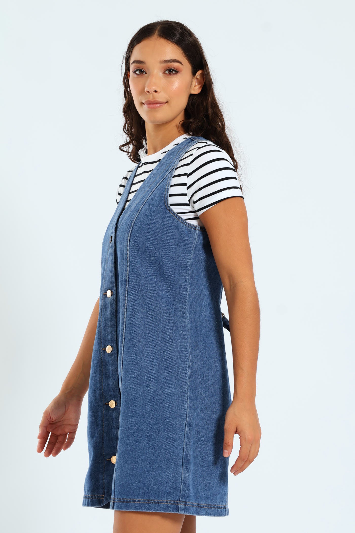 Denim Button Front Pinafore Dress - Stonewash - Image 4