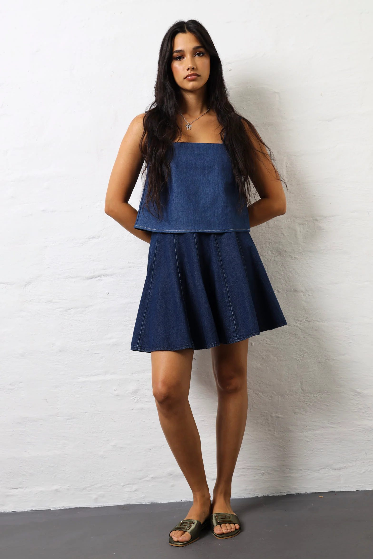 Denim Godet Mini Skirt - Dark Wash