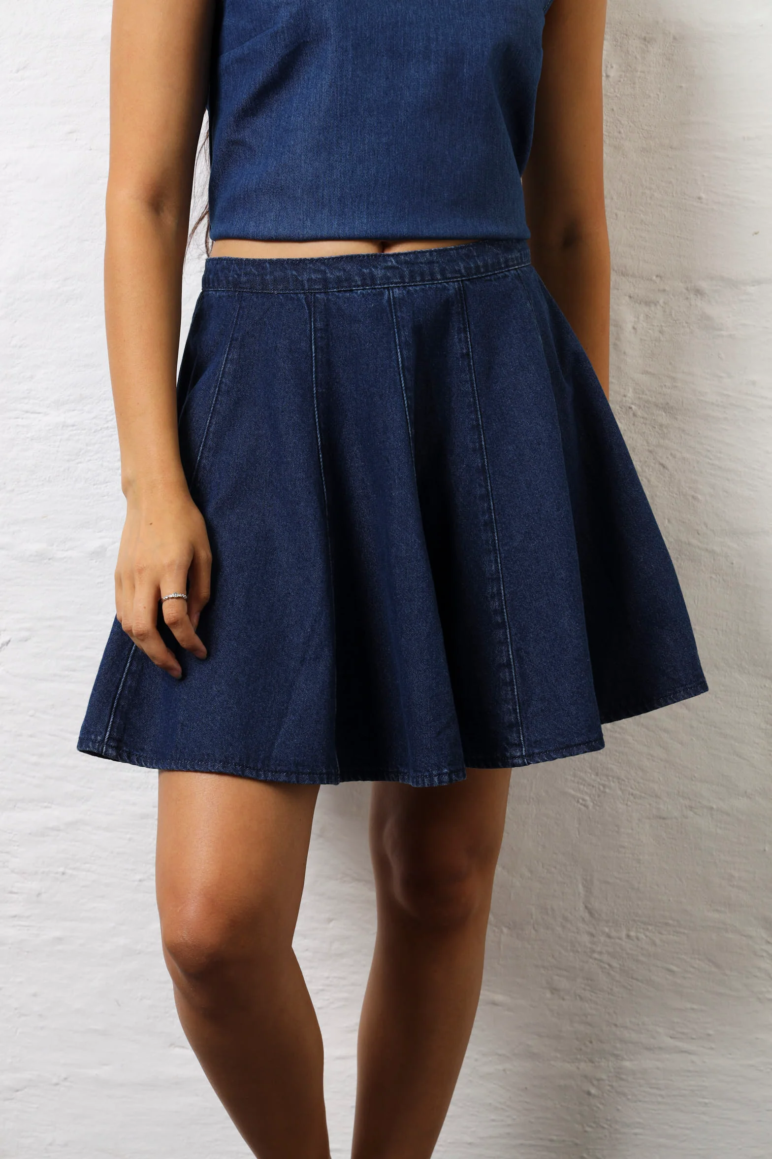 Denim Godet Mini Skirt - Dark Wash - Image 2