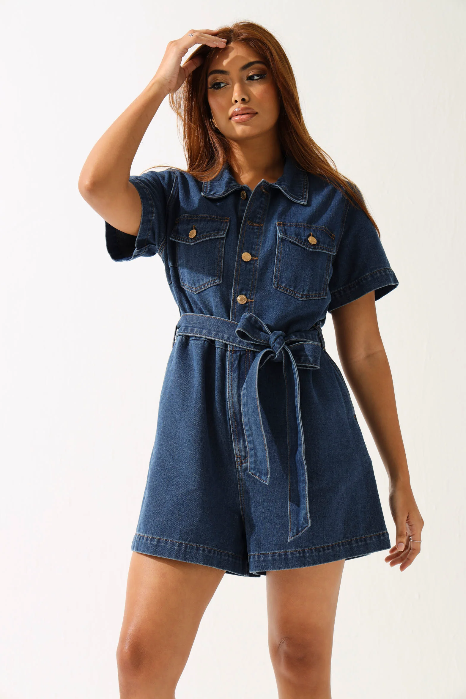 Denim Gold Button Shortall - Medium Wash