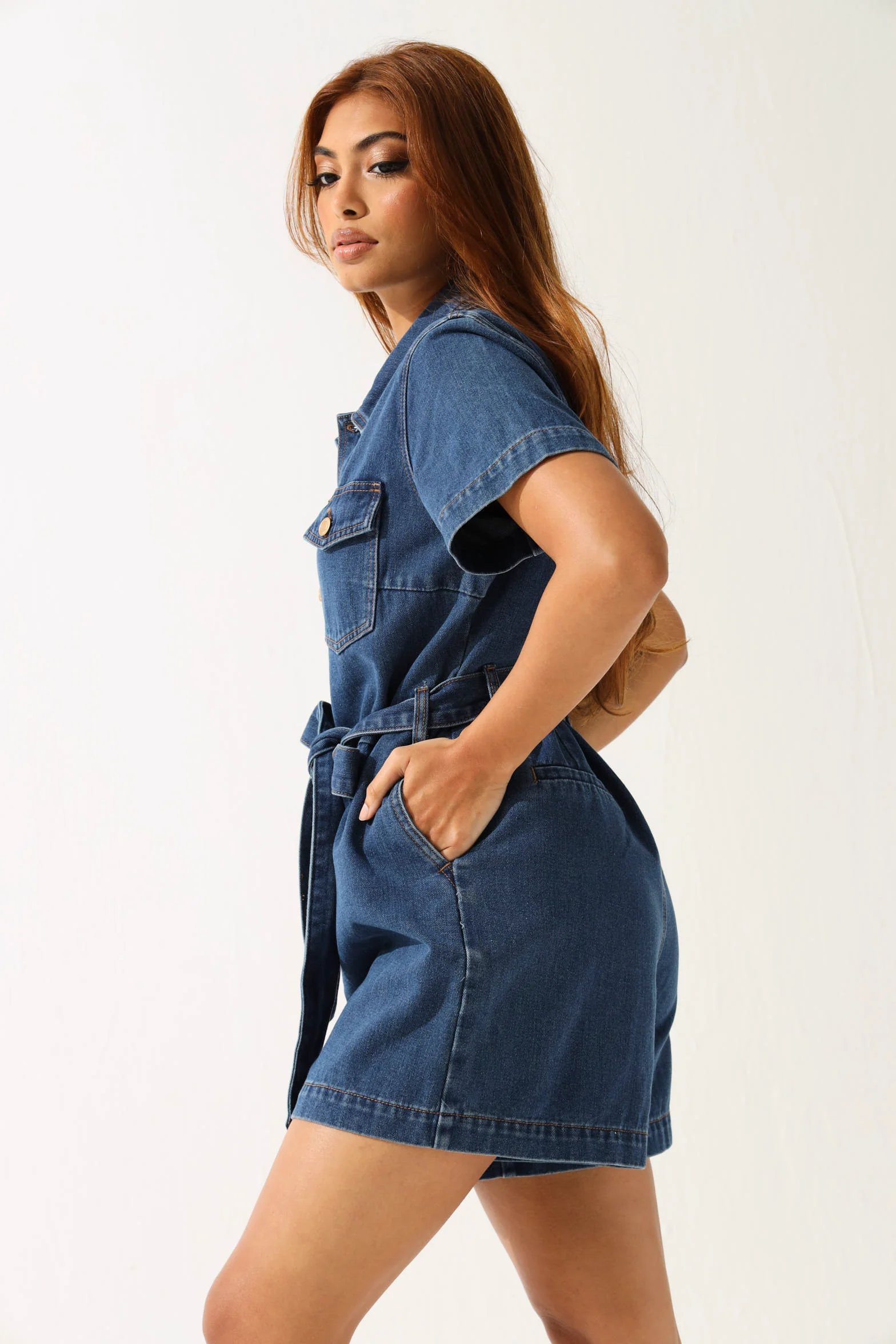 Denim Gold Button Shortall - Medium Wash - Image 2