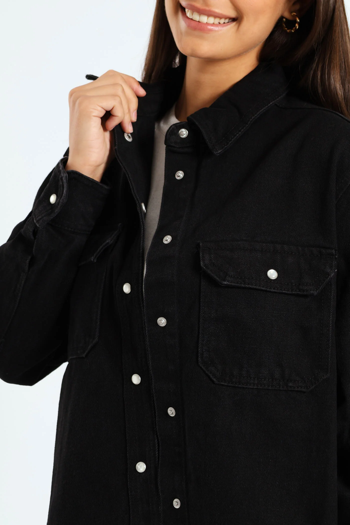 Denim Shacket With Popper Buttons - Black - Image 2