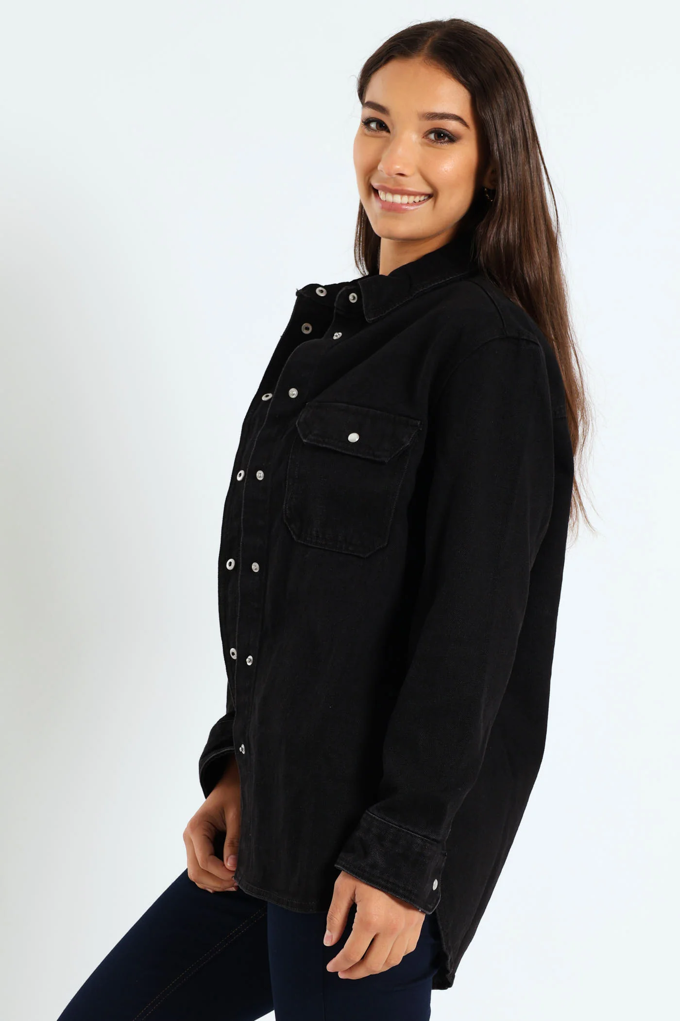 Denim Shacket With Popper Buttons - Black - Image 3