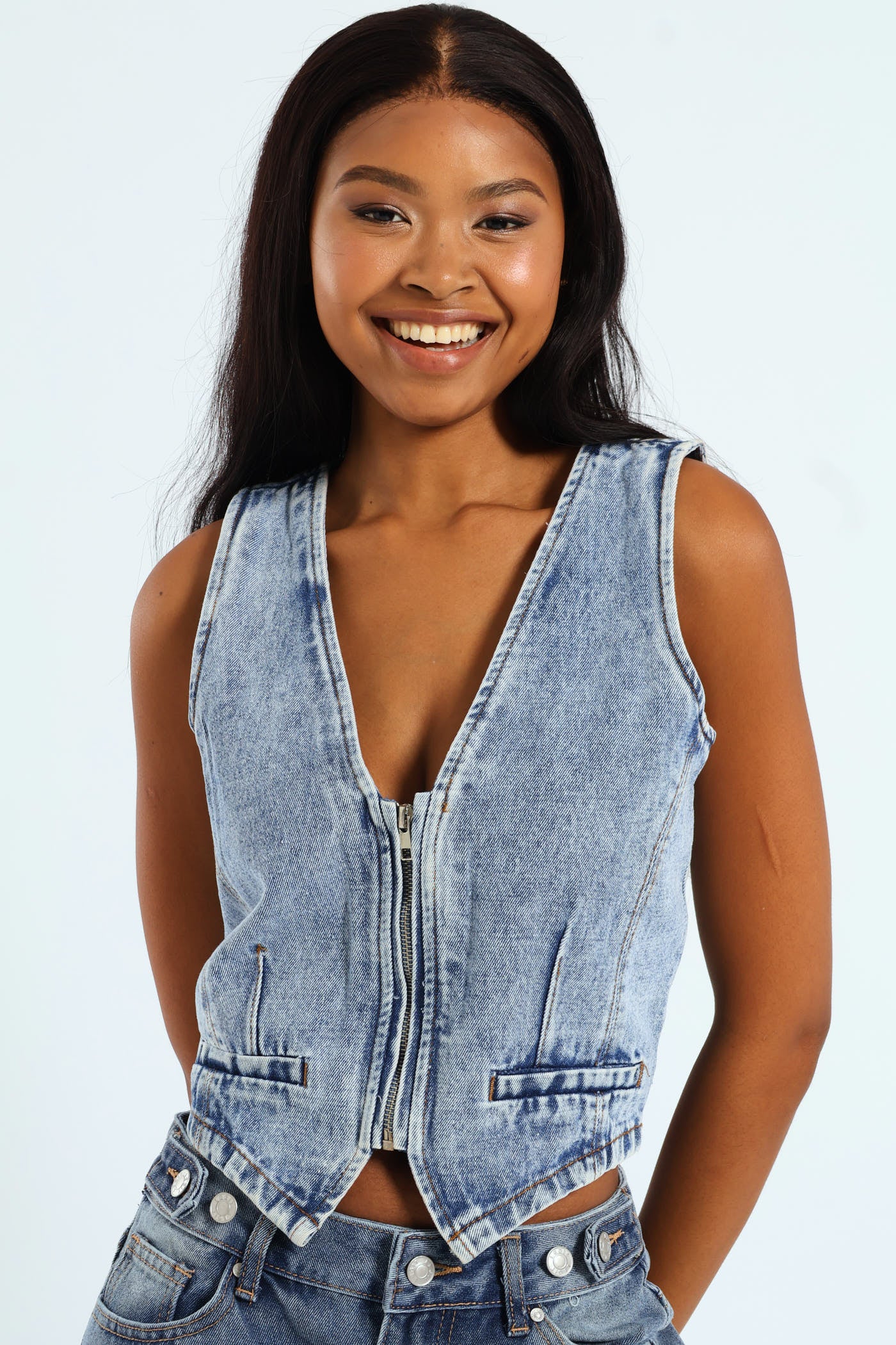 Denim Zip Front Waistcoat - Light Wash