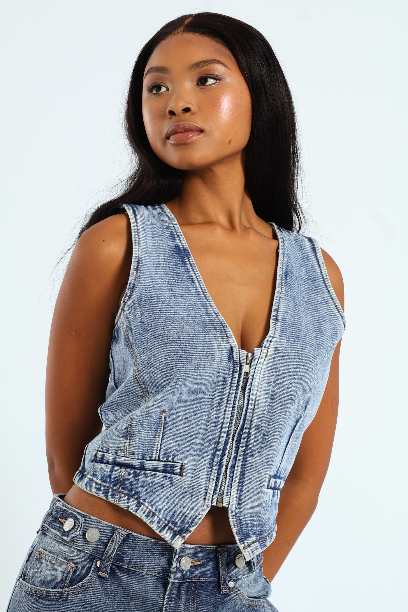 Denim Zip Front Waistcoat - Light Wash - Image 4