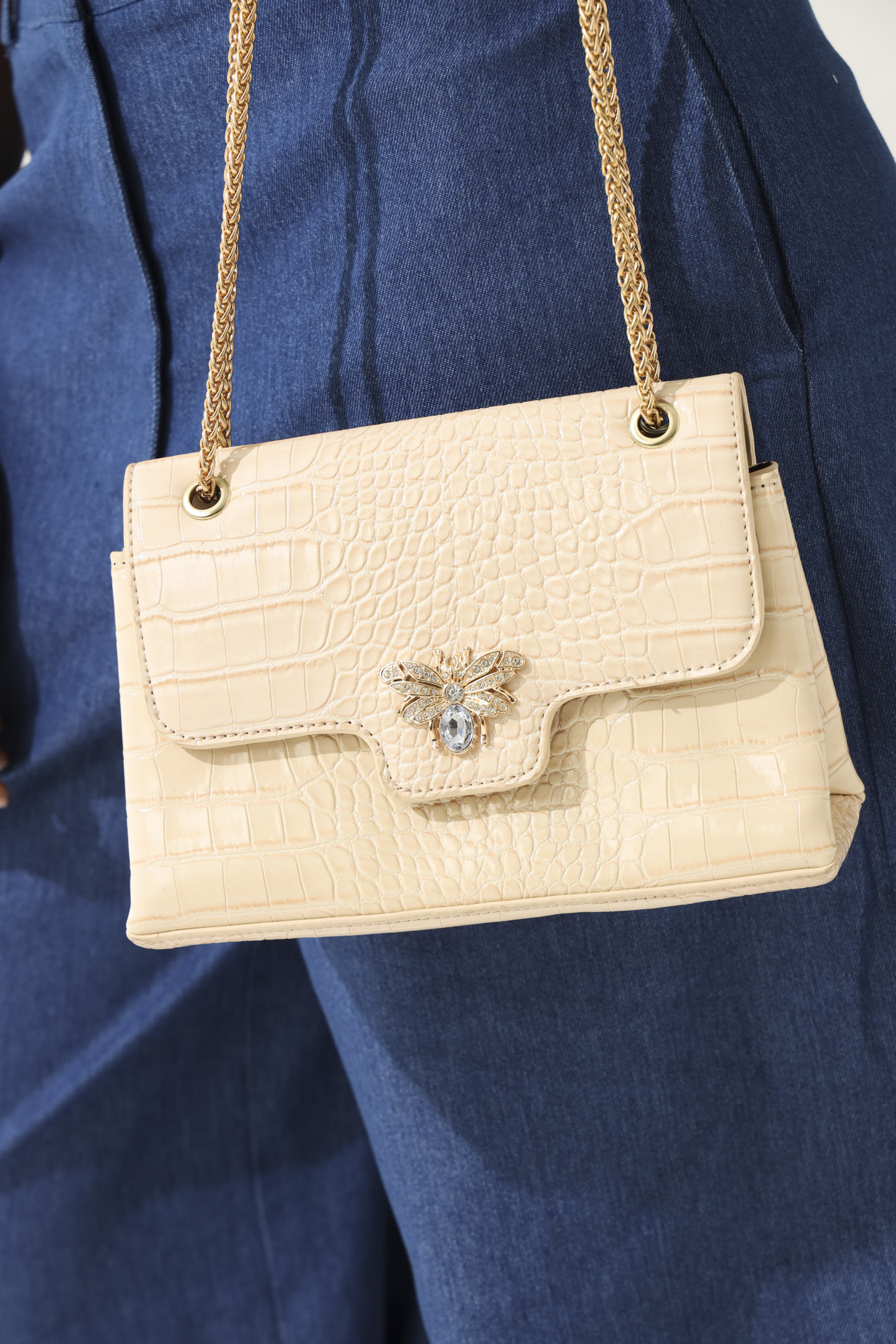 Diamante Bee Clasp Satchel Bag - Beige - Image 2