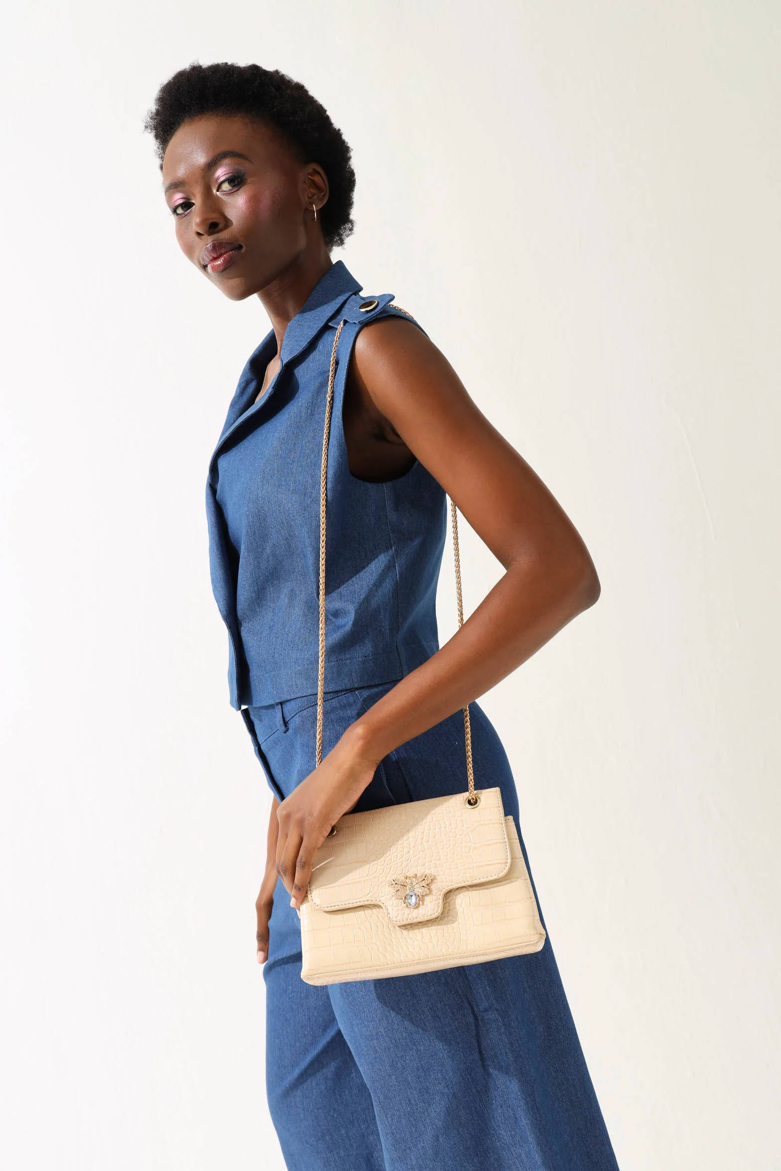Diamante Bee Clasp Satchel Bag - Beige - Image 5