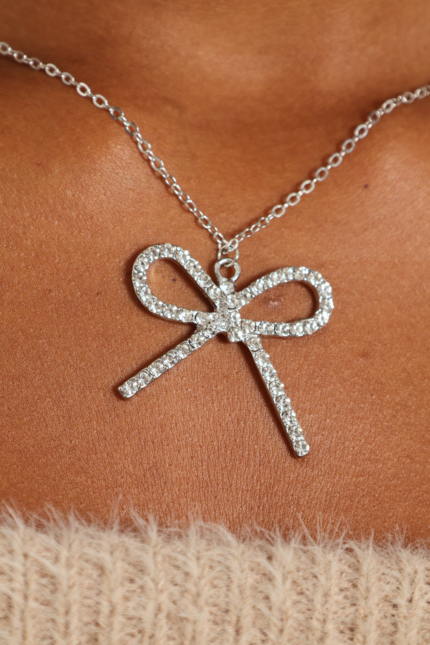 Diamante Bow Necklace - Silver - Image 2