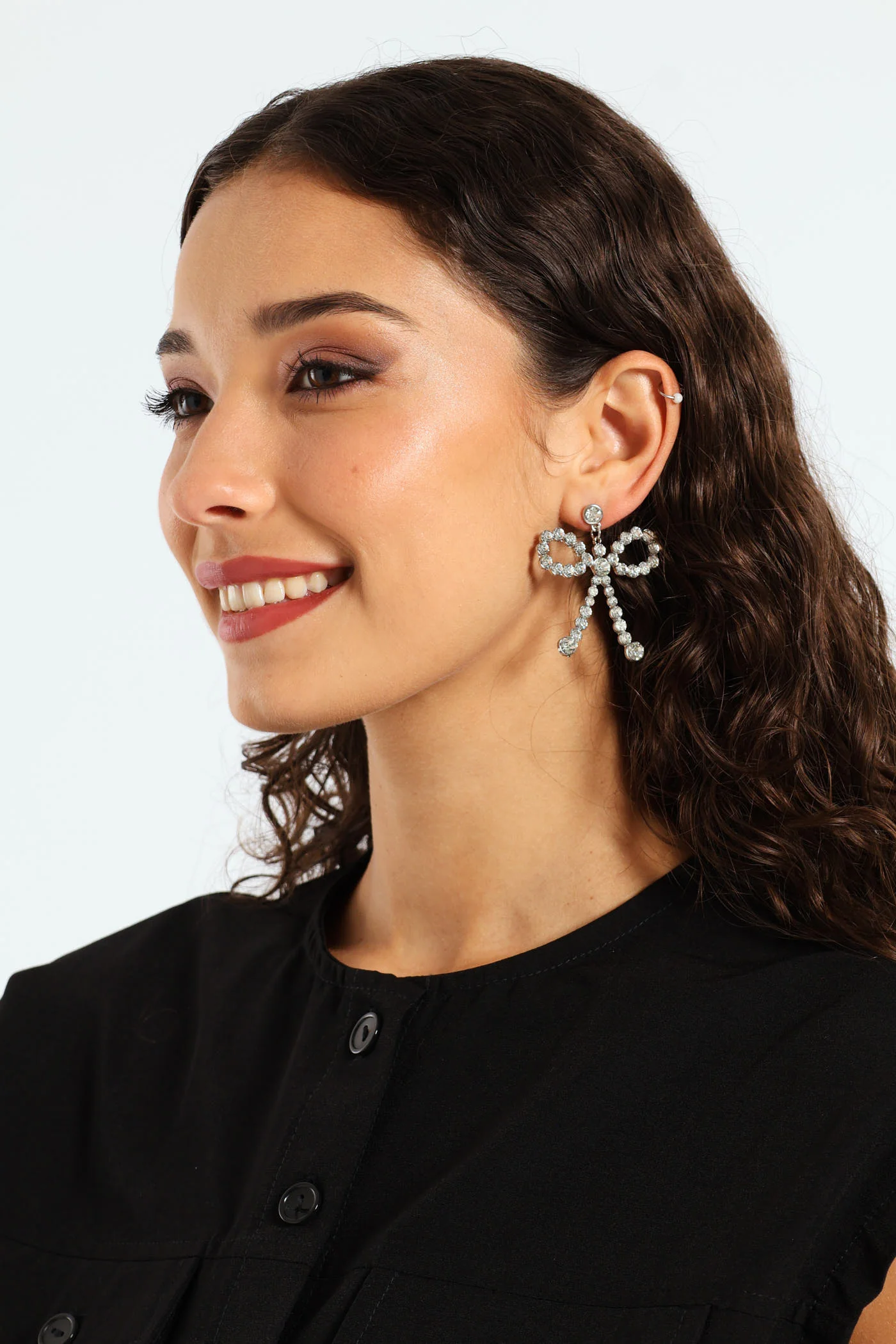 Diamante Bow Statement Earrings - Silver