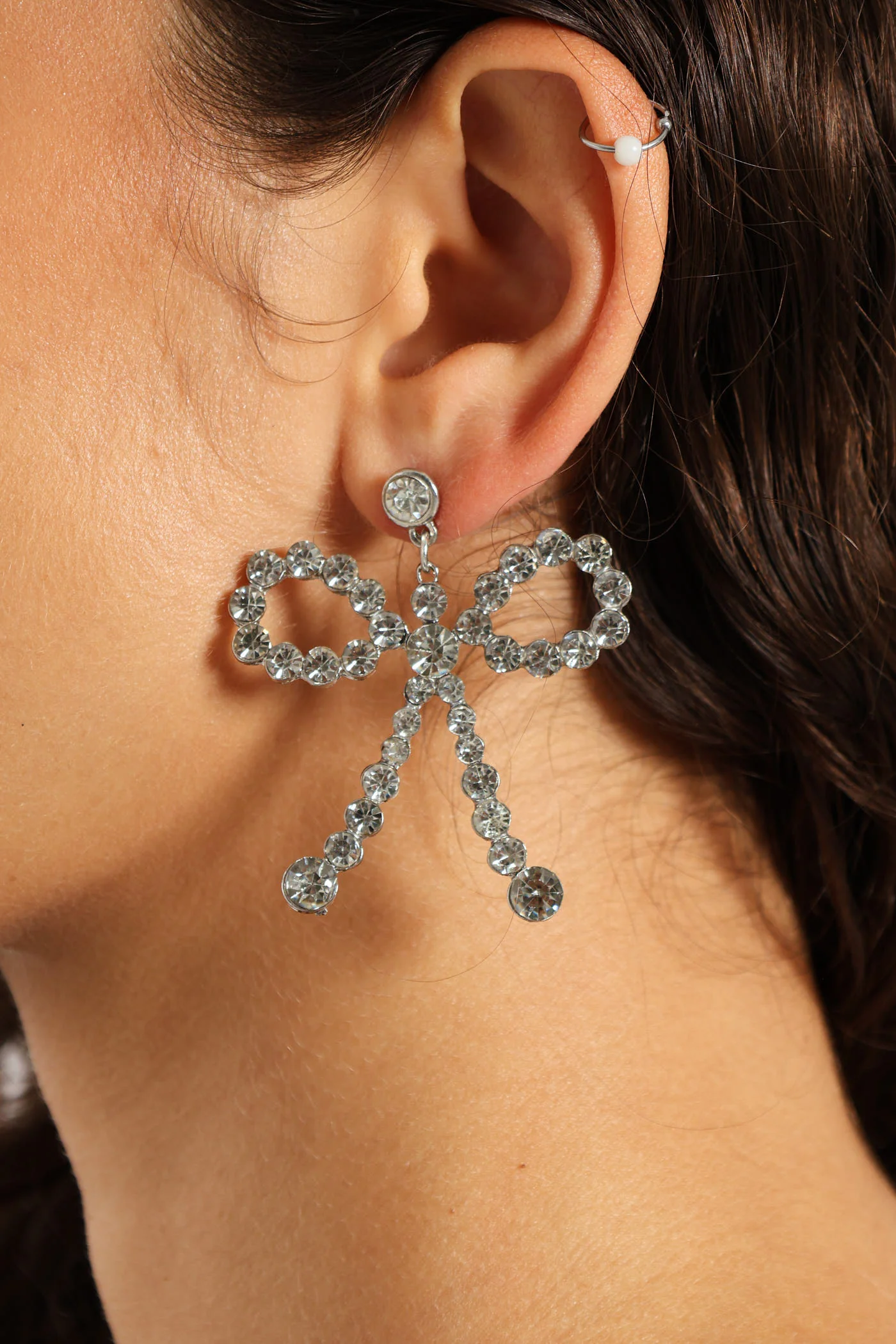 Diamante Bow Statement Earrings - Silver - Image 2