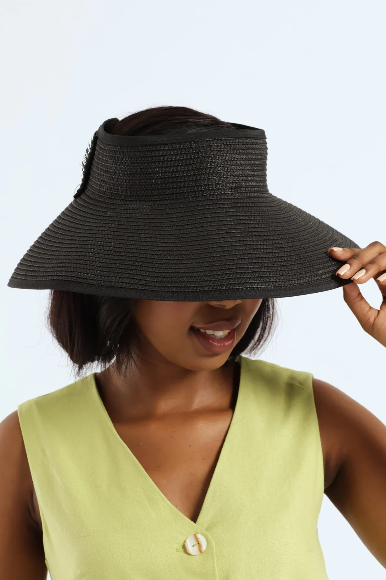Diamante Bow Straw Large Visor Hat - Black - Image 4