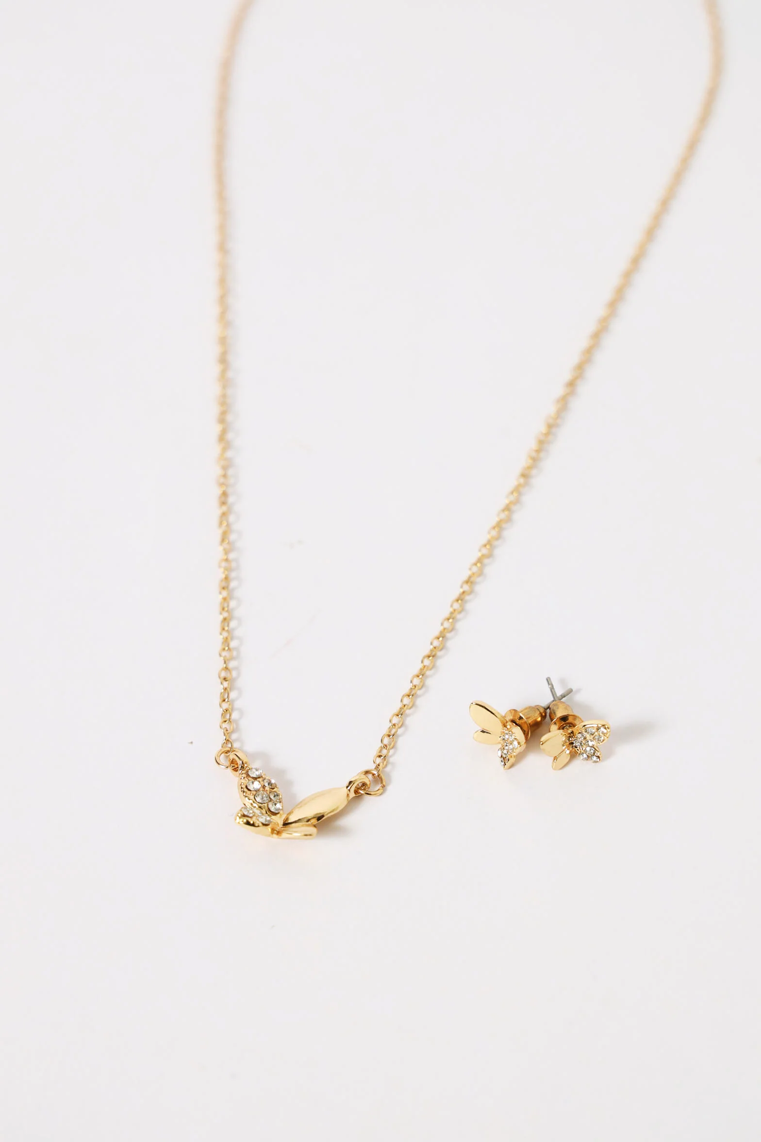Diamante Butterfly Pendant & Matching Studs - Gold - Image 3