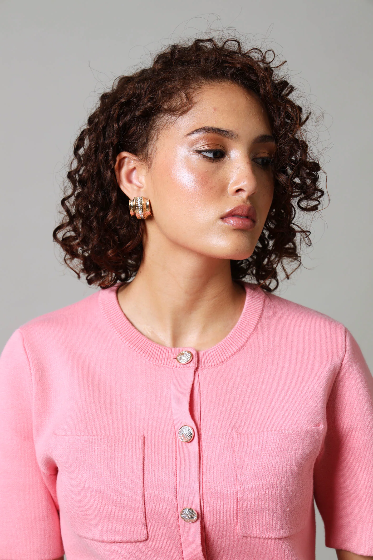 Diamante Curved Statement Earrings - Gold - Image 2