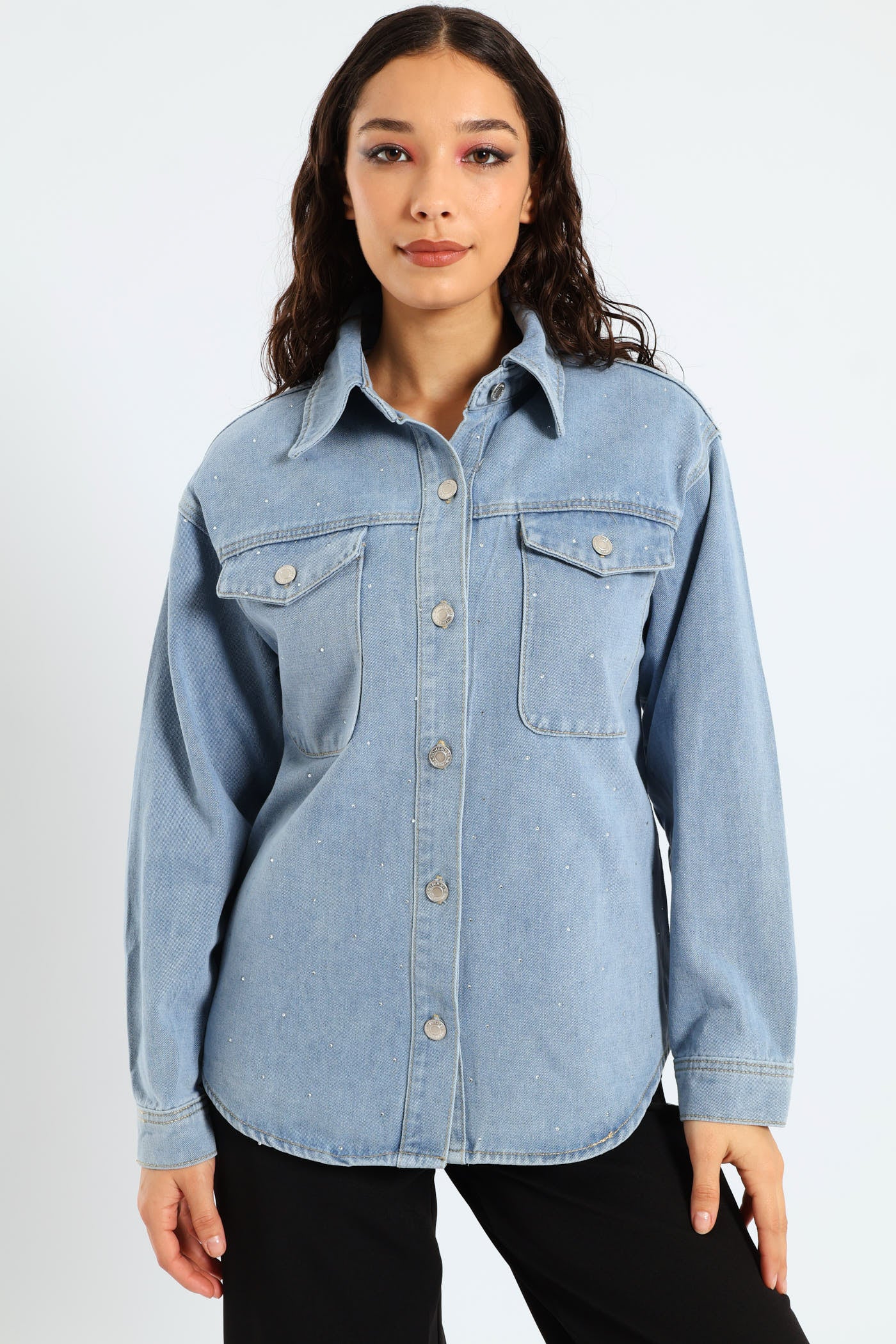 Diamante Detail Shacket - Stonewash