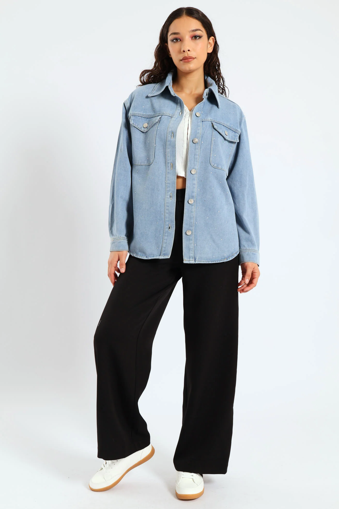 Diamante Detail Shacket - Stonewash - Image 2