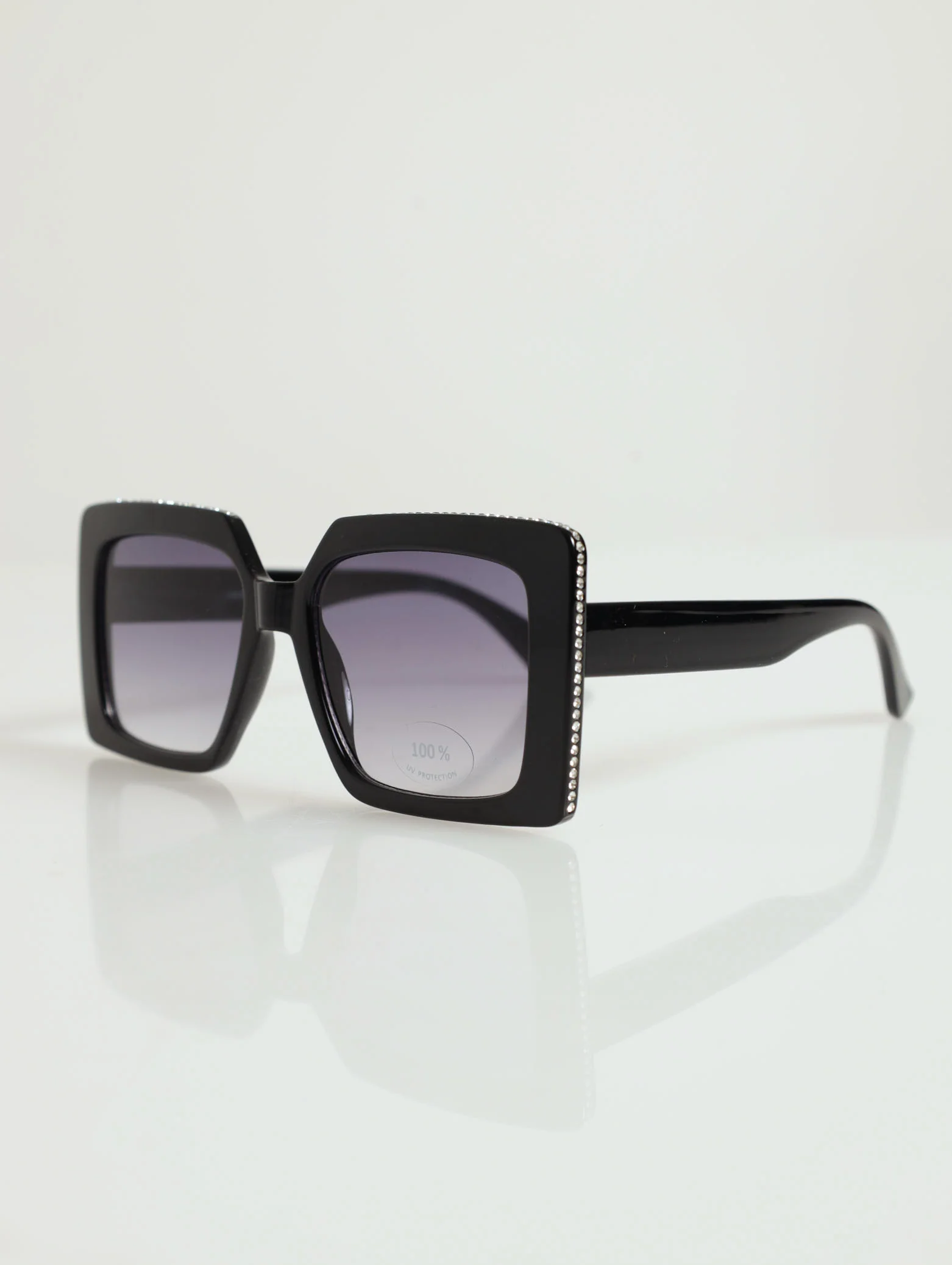 Diamante Detail Square Frame Sunglasses - Black