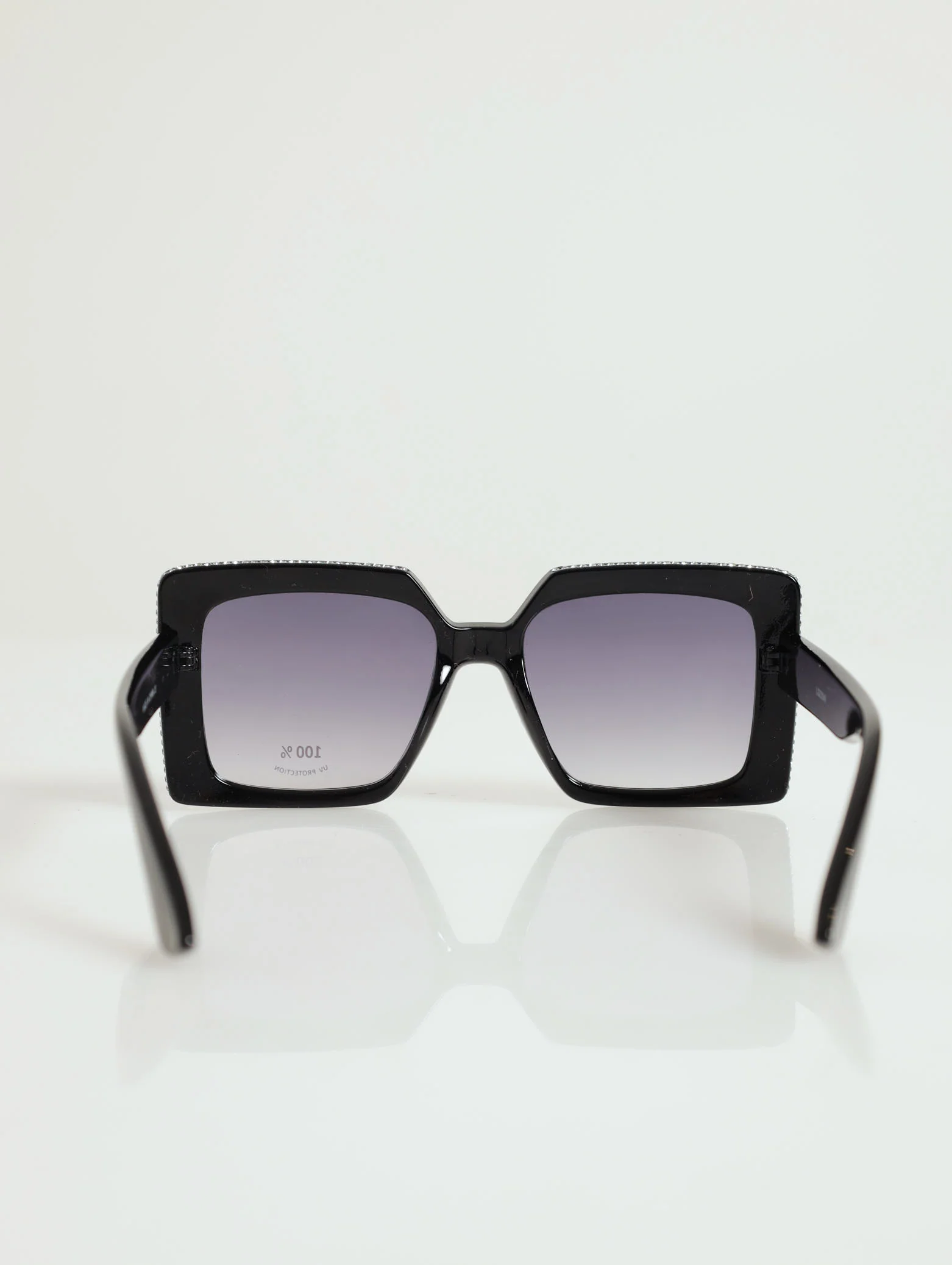 Diamante Detail Square Frame Sunglasses - Black - Image 3