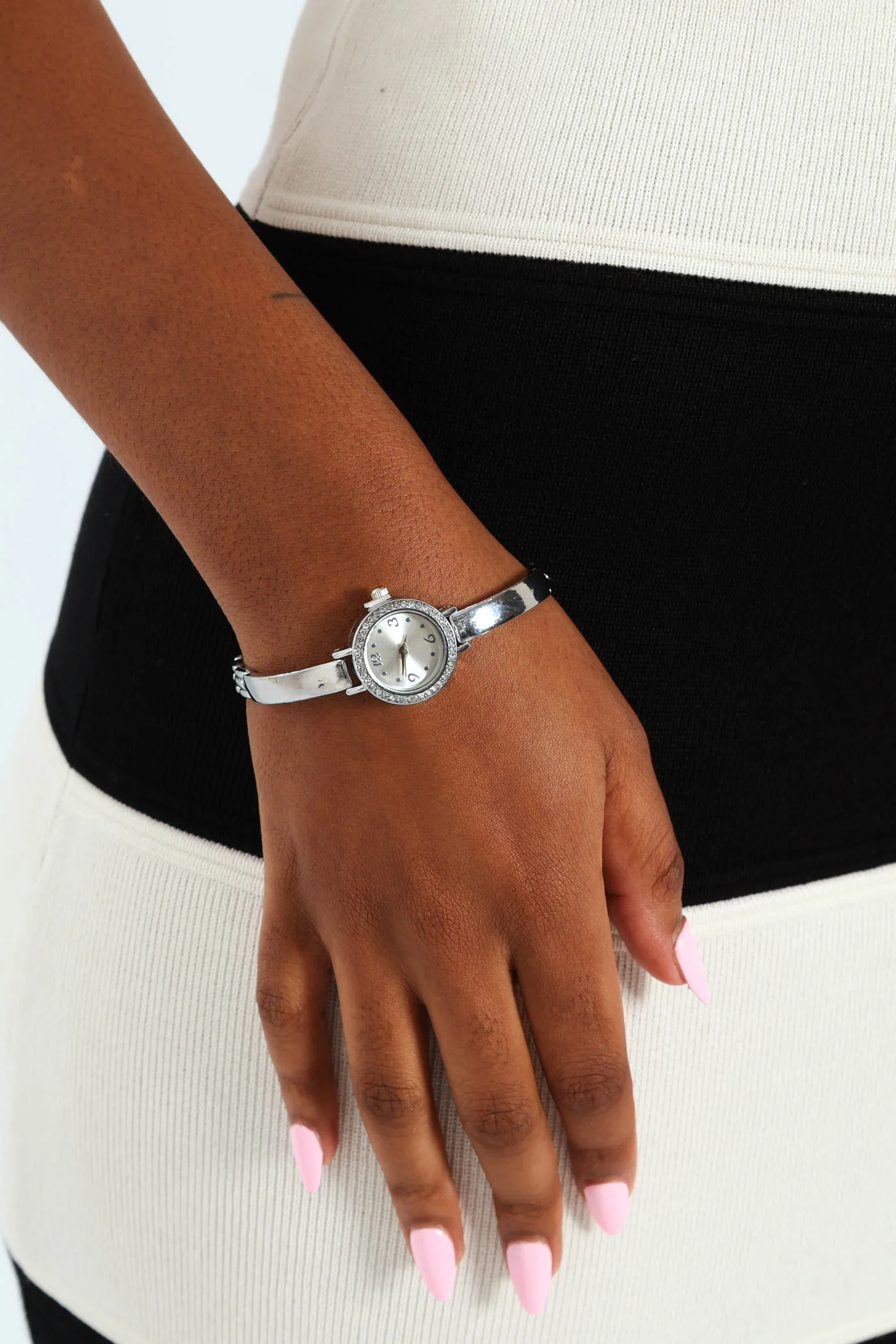 Diamante Dial Bangle Strap Watch - Silver - Image 2