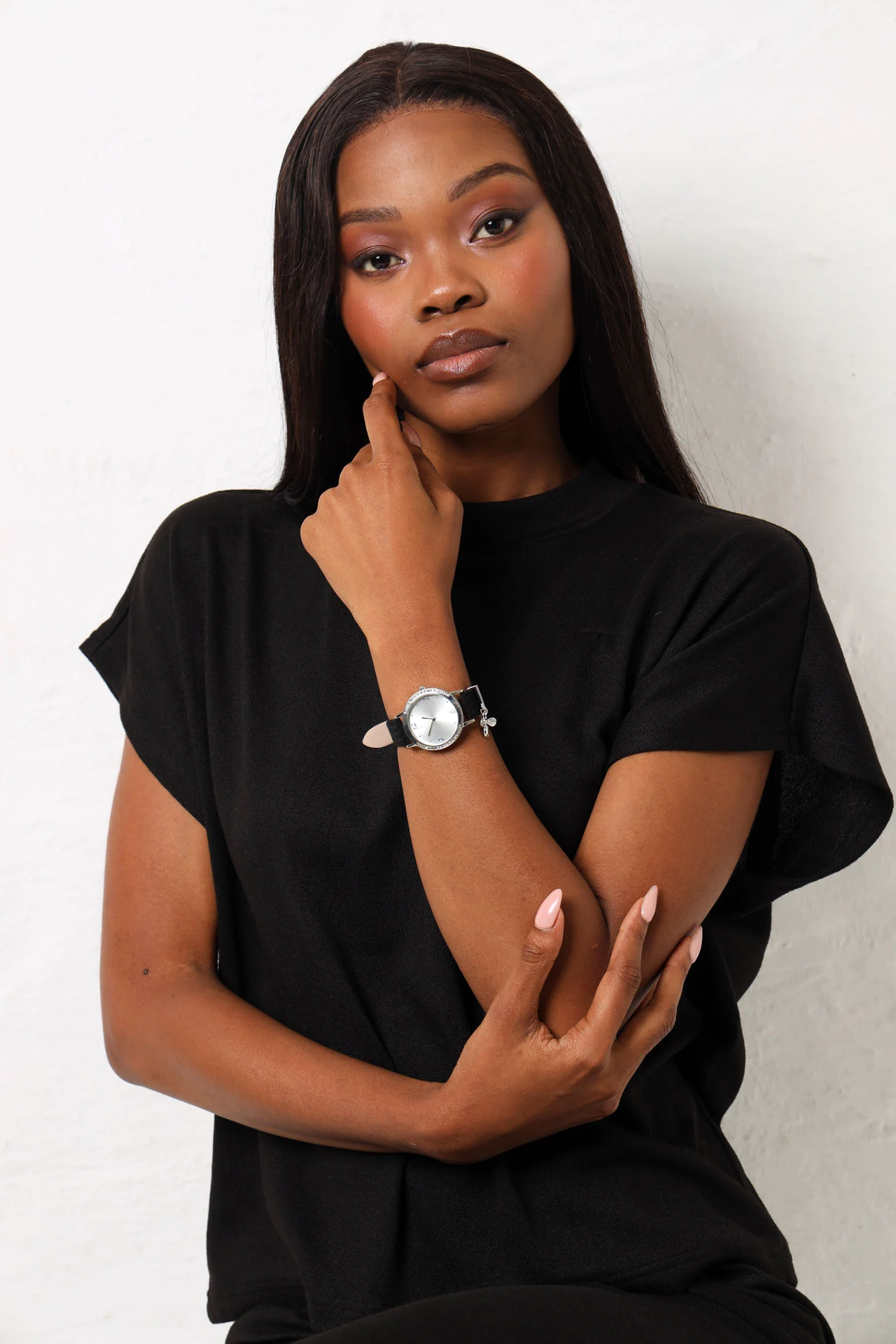 Diamante Dial Bee Charm Watch - Black - Image 3