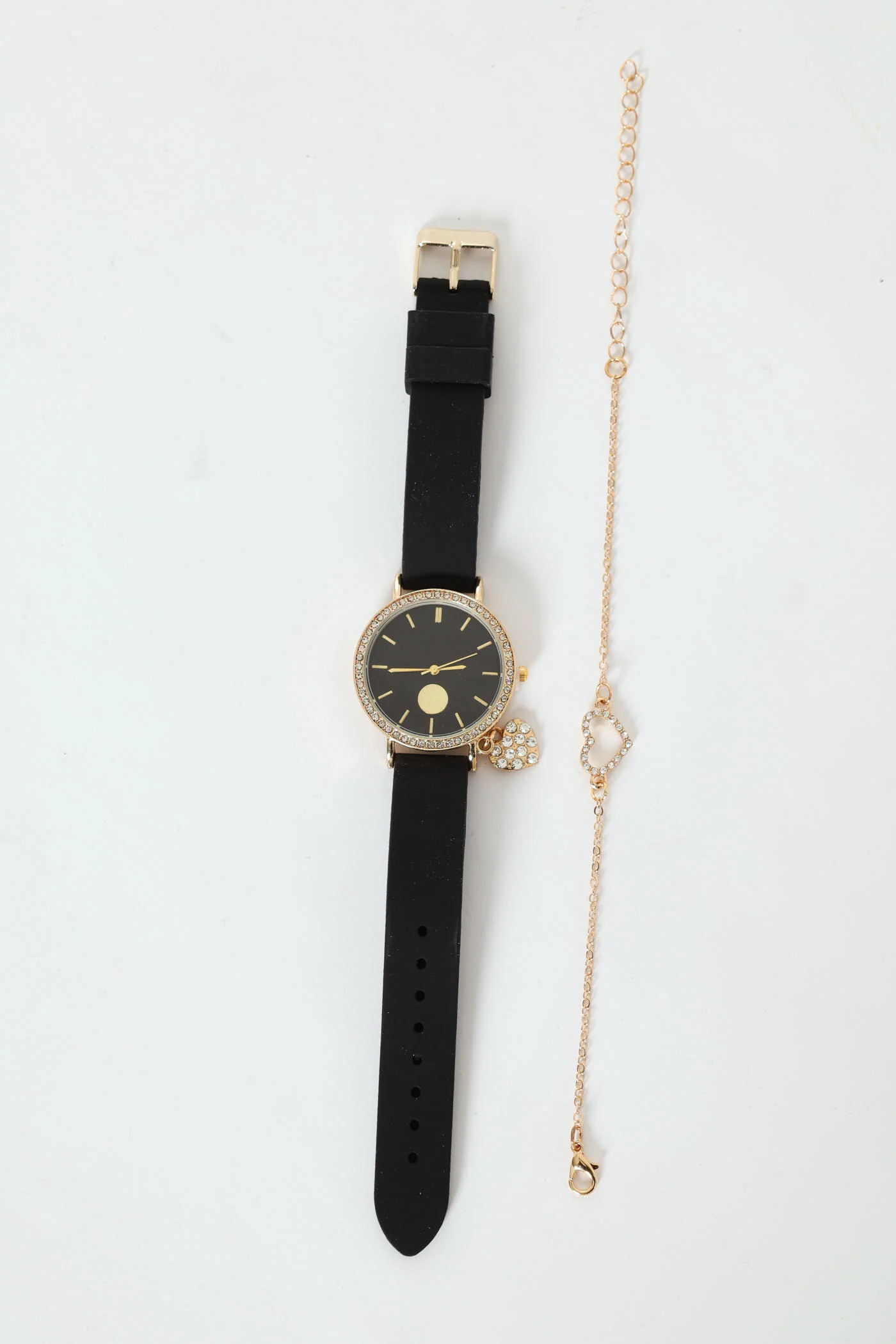 Diamante Dial & Heart Charm Rubber Strap Watch & Bracelet - Black - Image 2