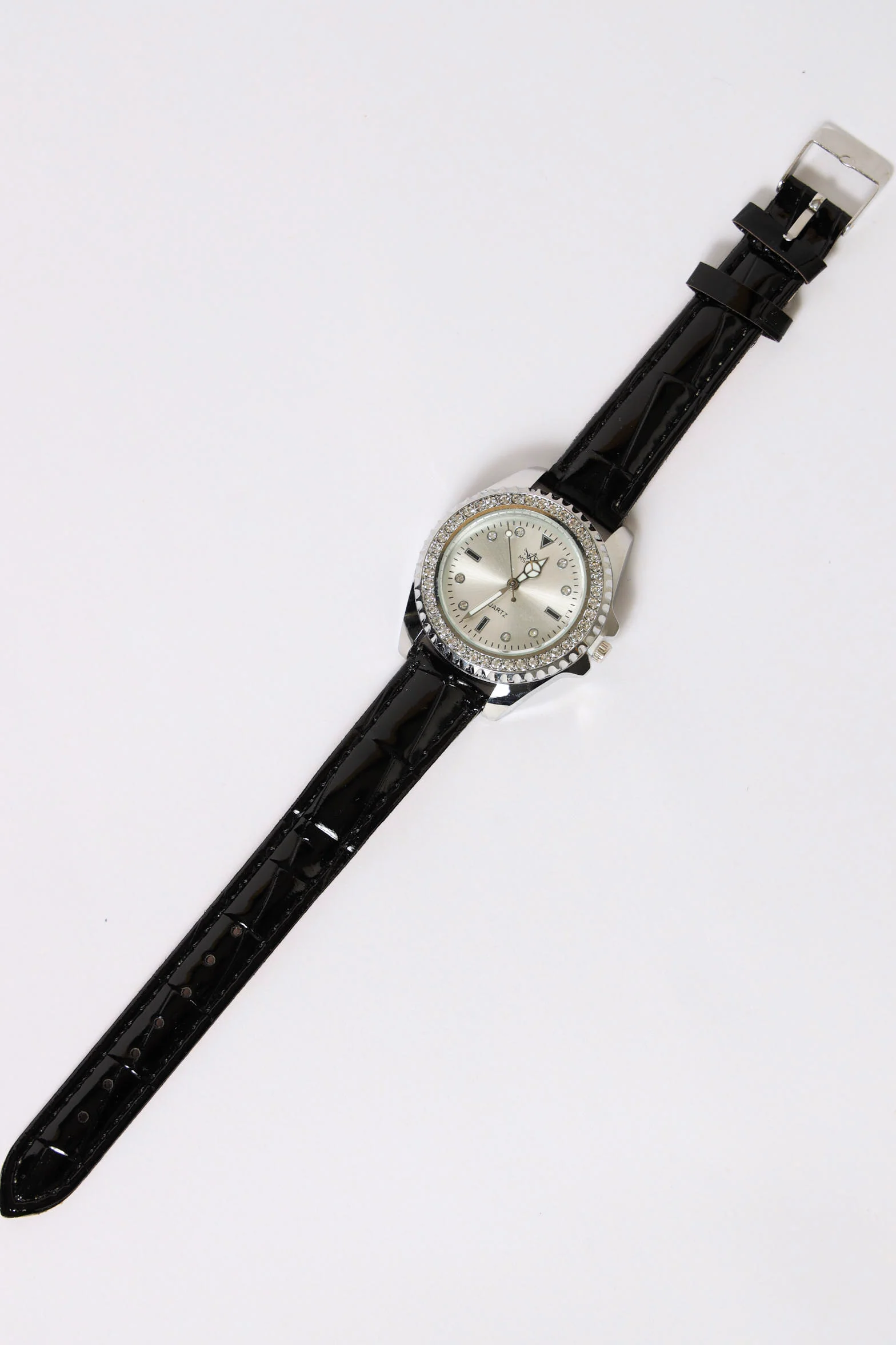 Diamante Dial Pu Strap Watch - Black