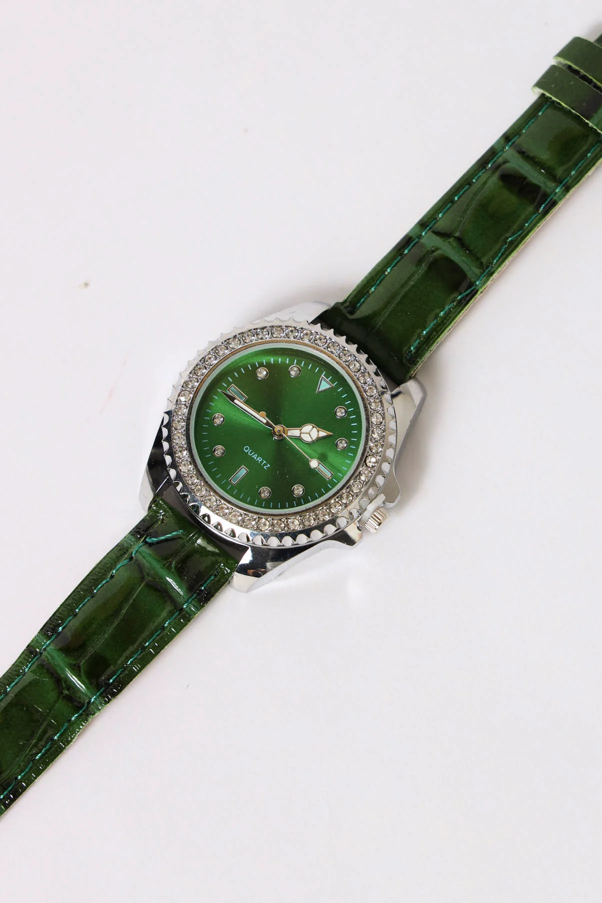 Diamante Dial Pu Strap Watch - Green