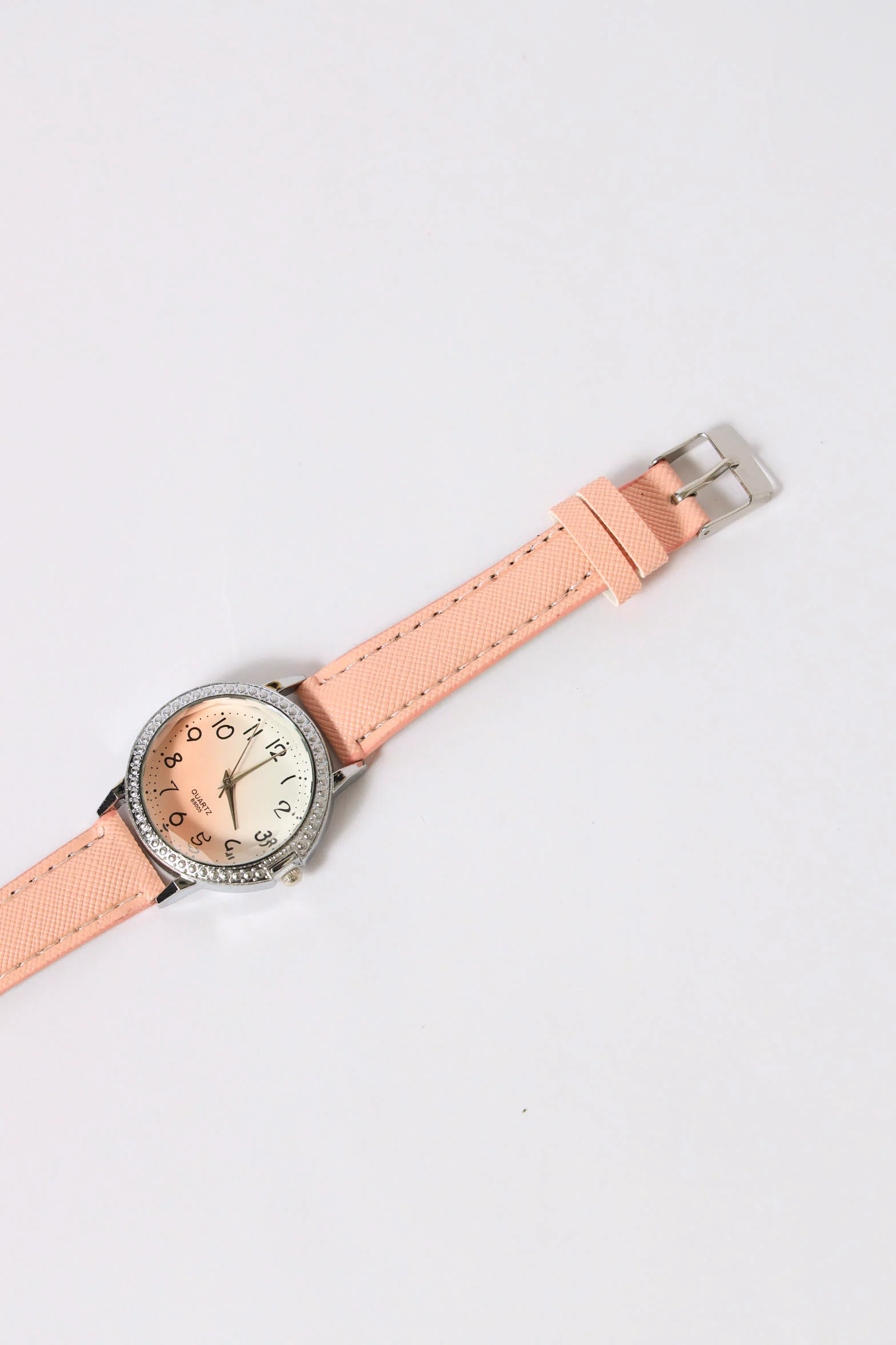 Diamante Dial Pu Strap Watch - Light Pink