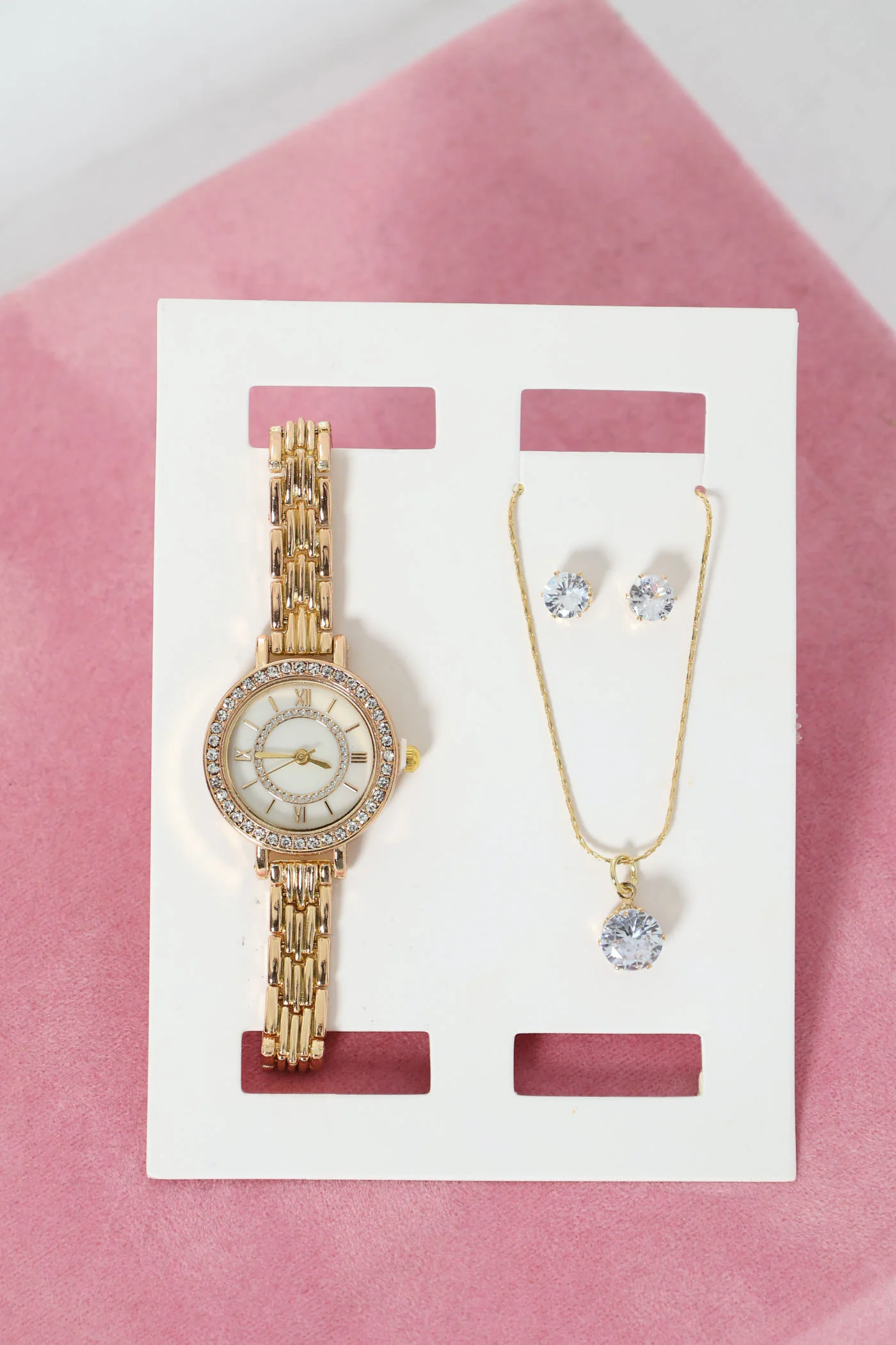 Diamante Dial Watch & Pendant Necklace - Gold