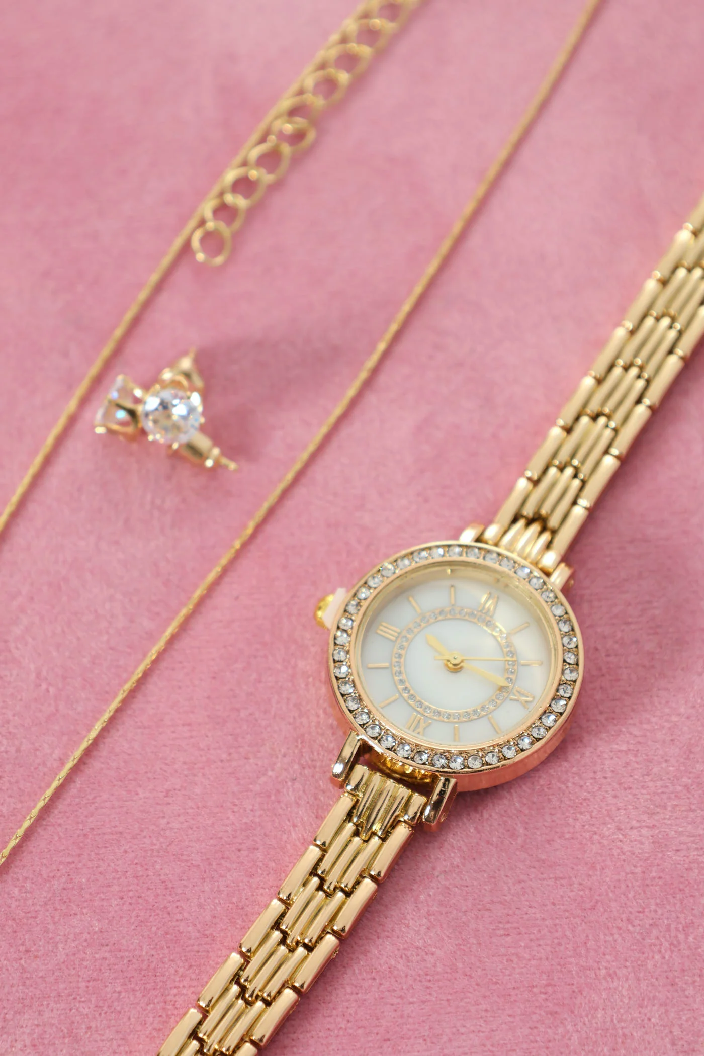 Diamante Dial Watch & Pendant Necklace - Gold - Image 2