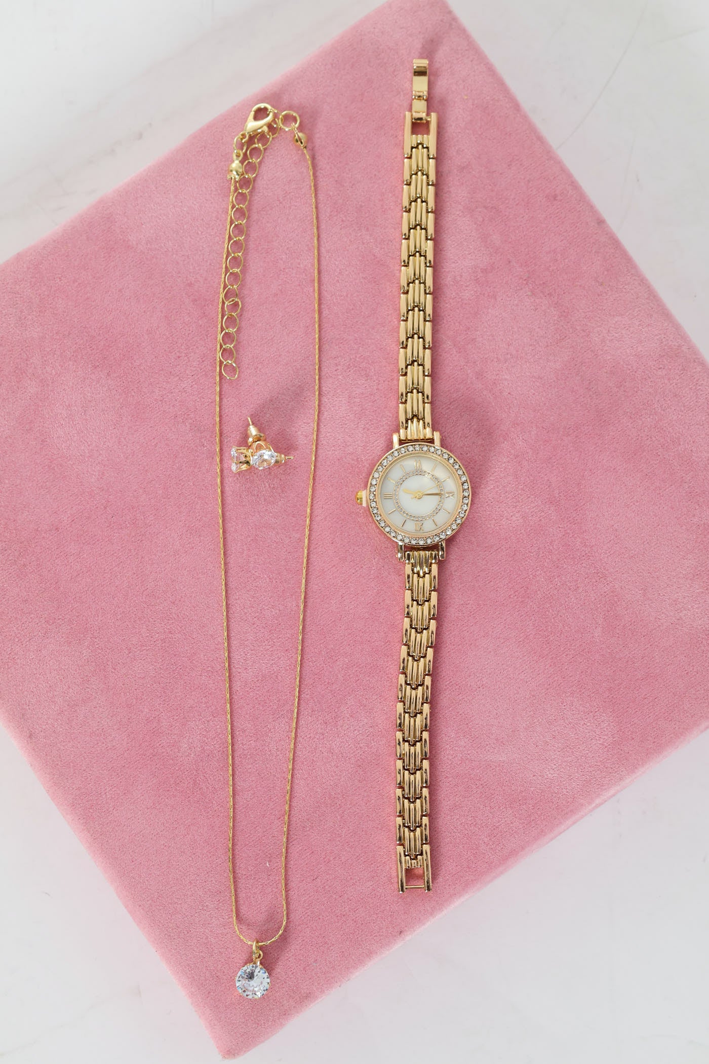 Diamante Dial Watch & Pendant Necklace - Gold - Image 4