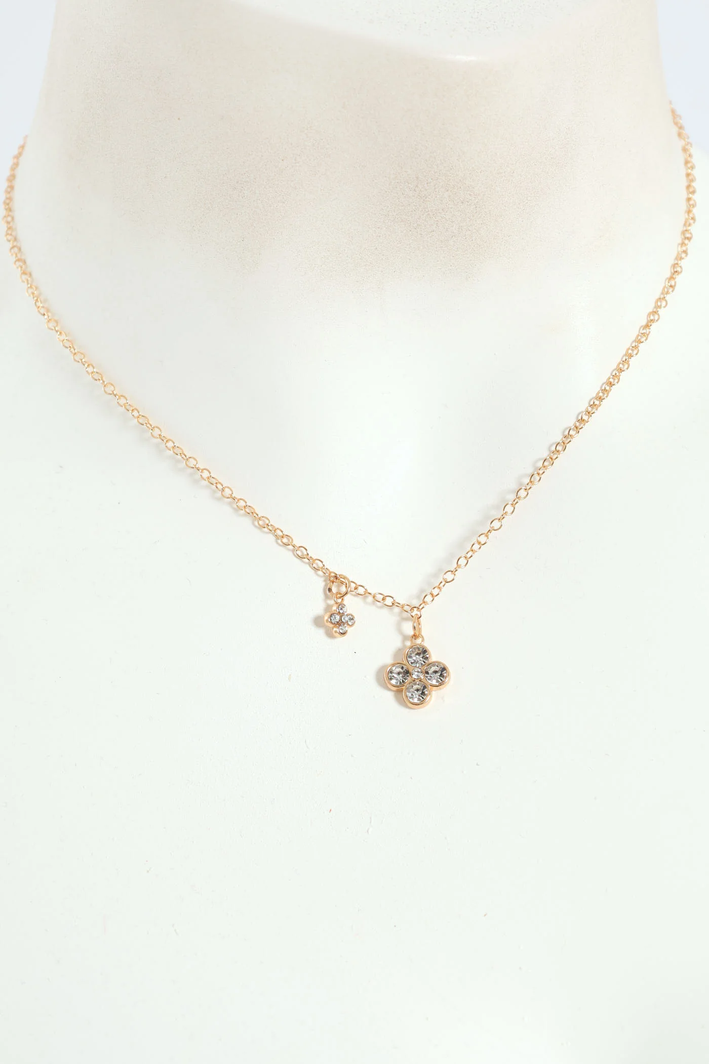 Diamante Double Flower Pendant Necklace - Gold
