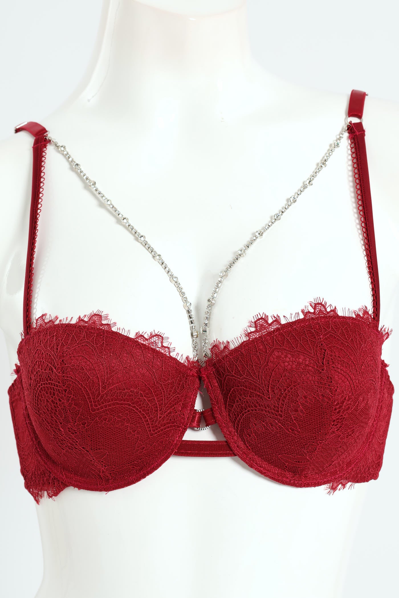 Diamante Lace Balconette Bra - Tibetan Red