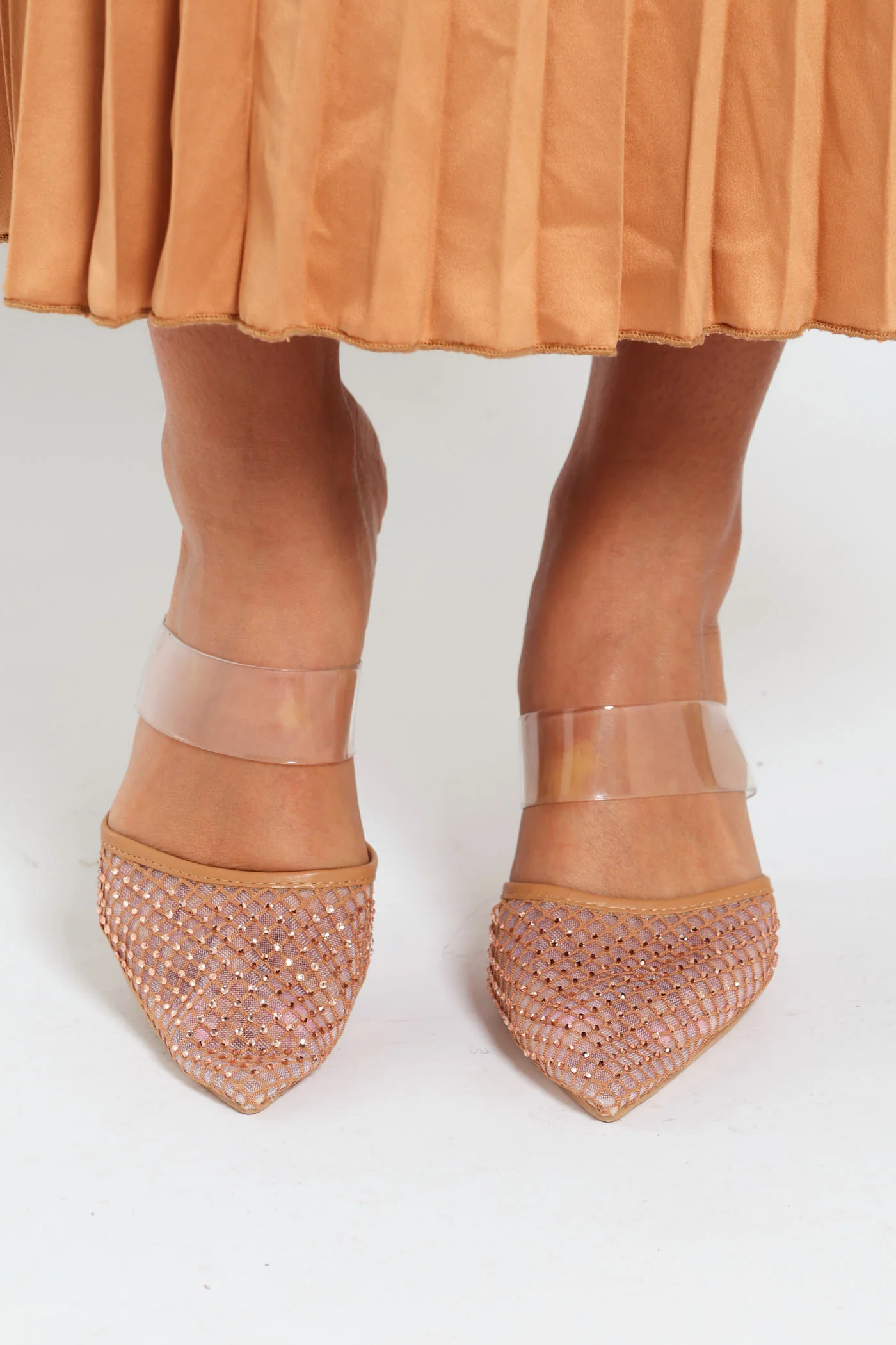 Diamante Mesh Pointy Push In Court Heel - Beige - Image 3