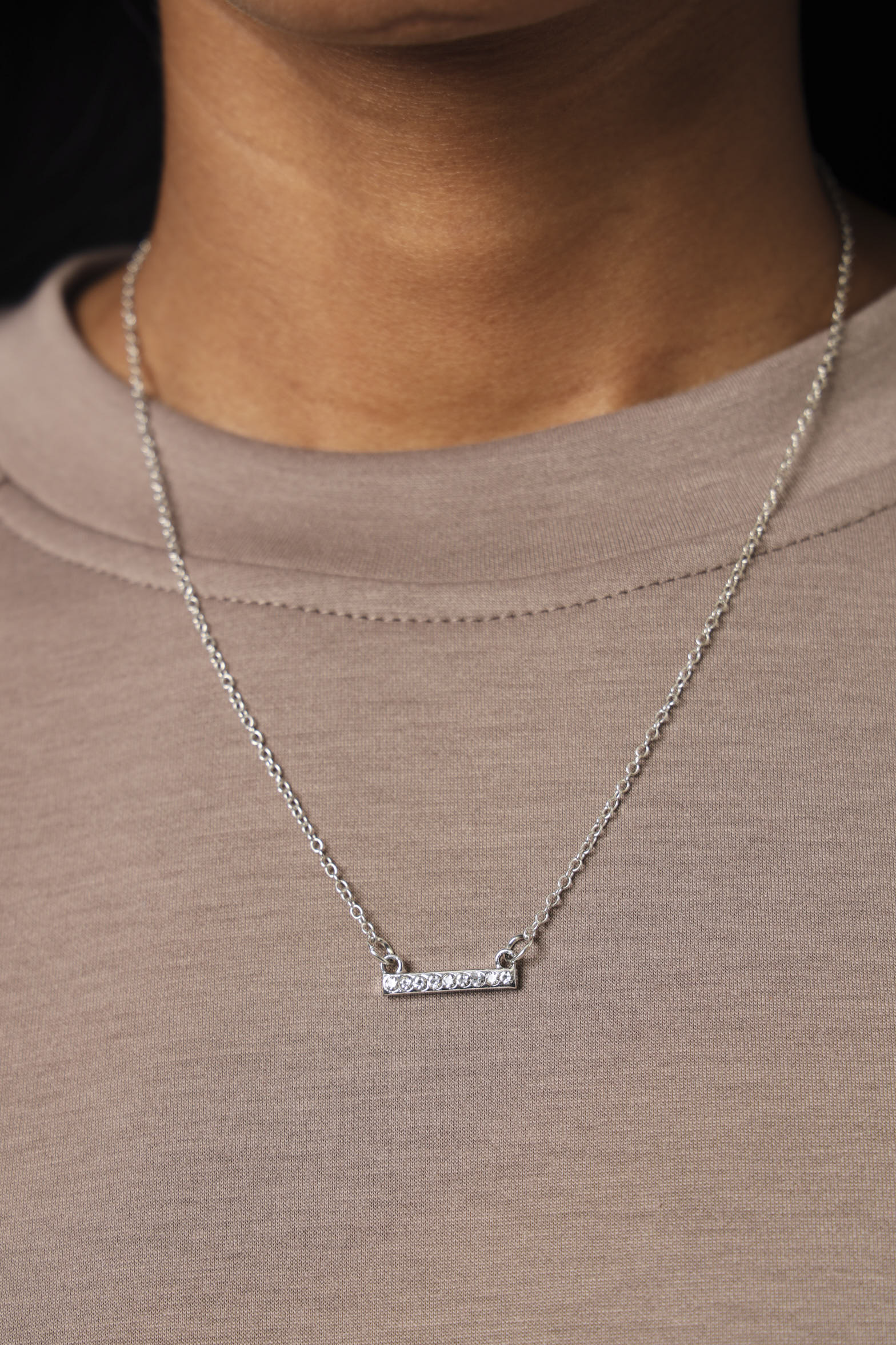 Diamante Metal Bar Necklace - Silver