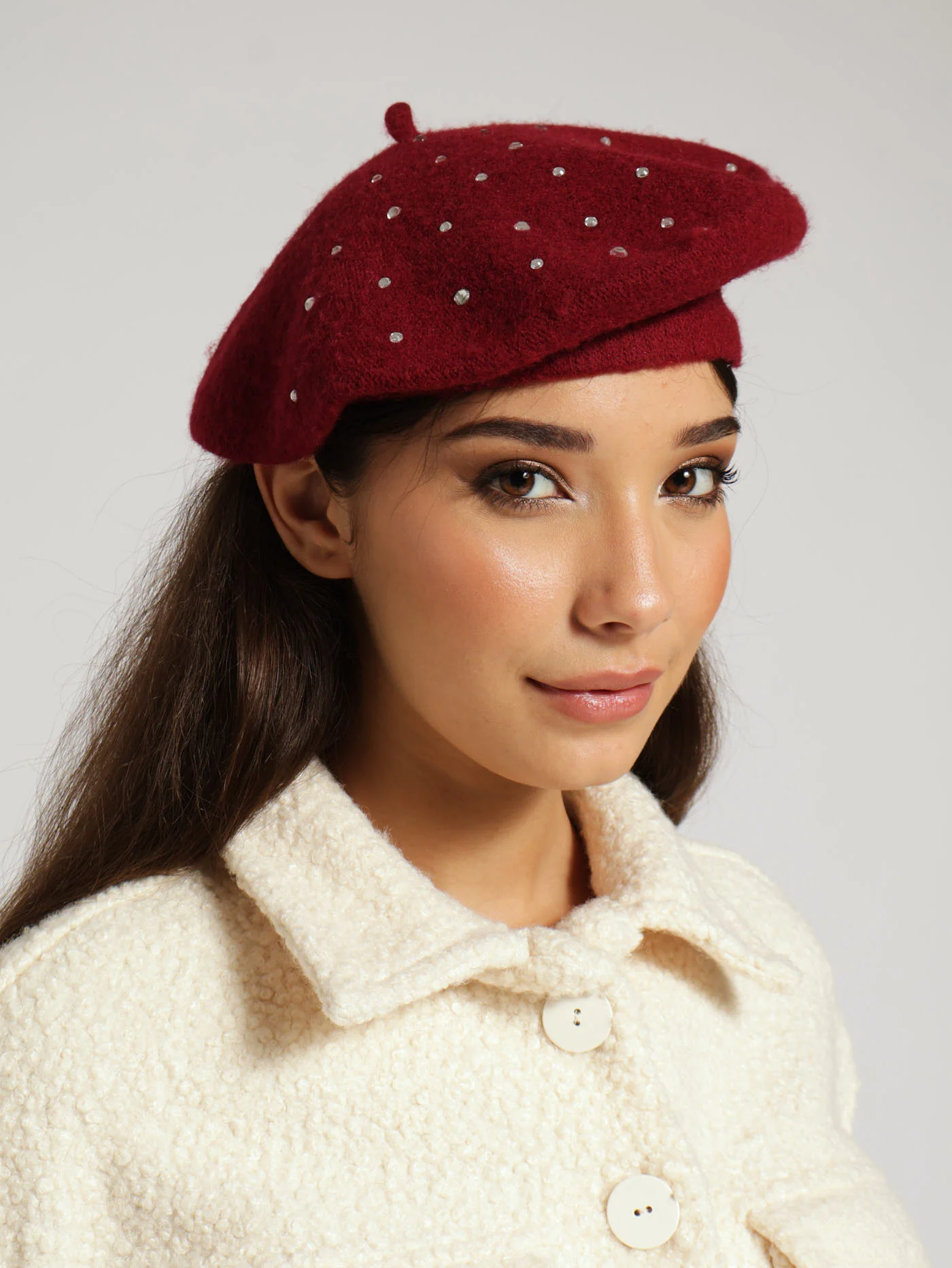 Diamante Patterned Beret - Burgundy