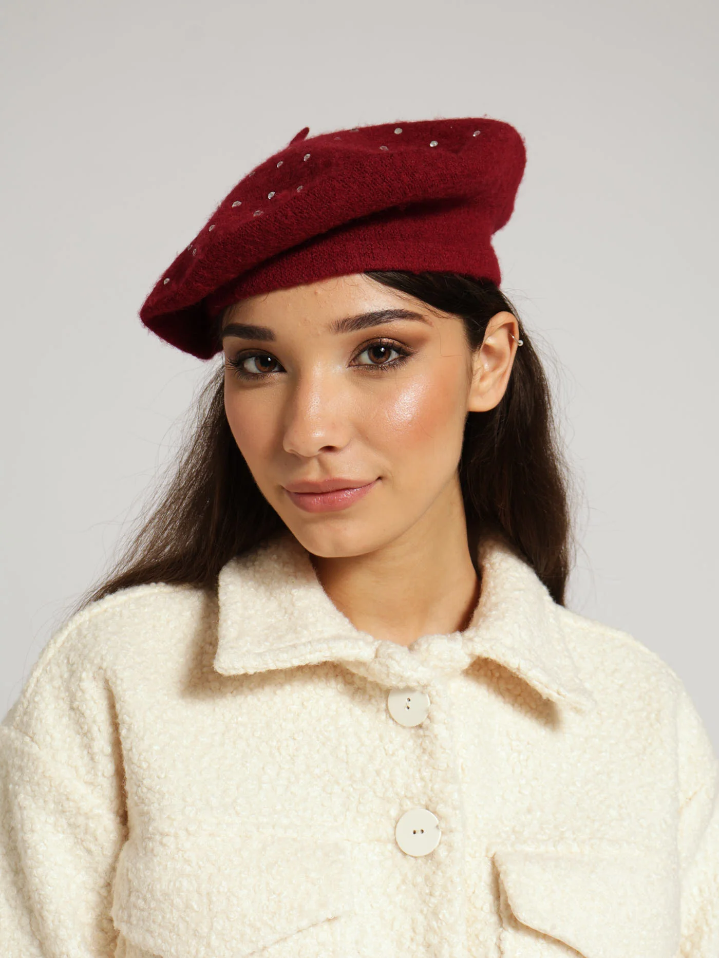 Diamante Patterned Beret - Burgundy - Image 2