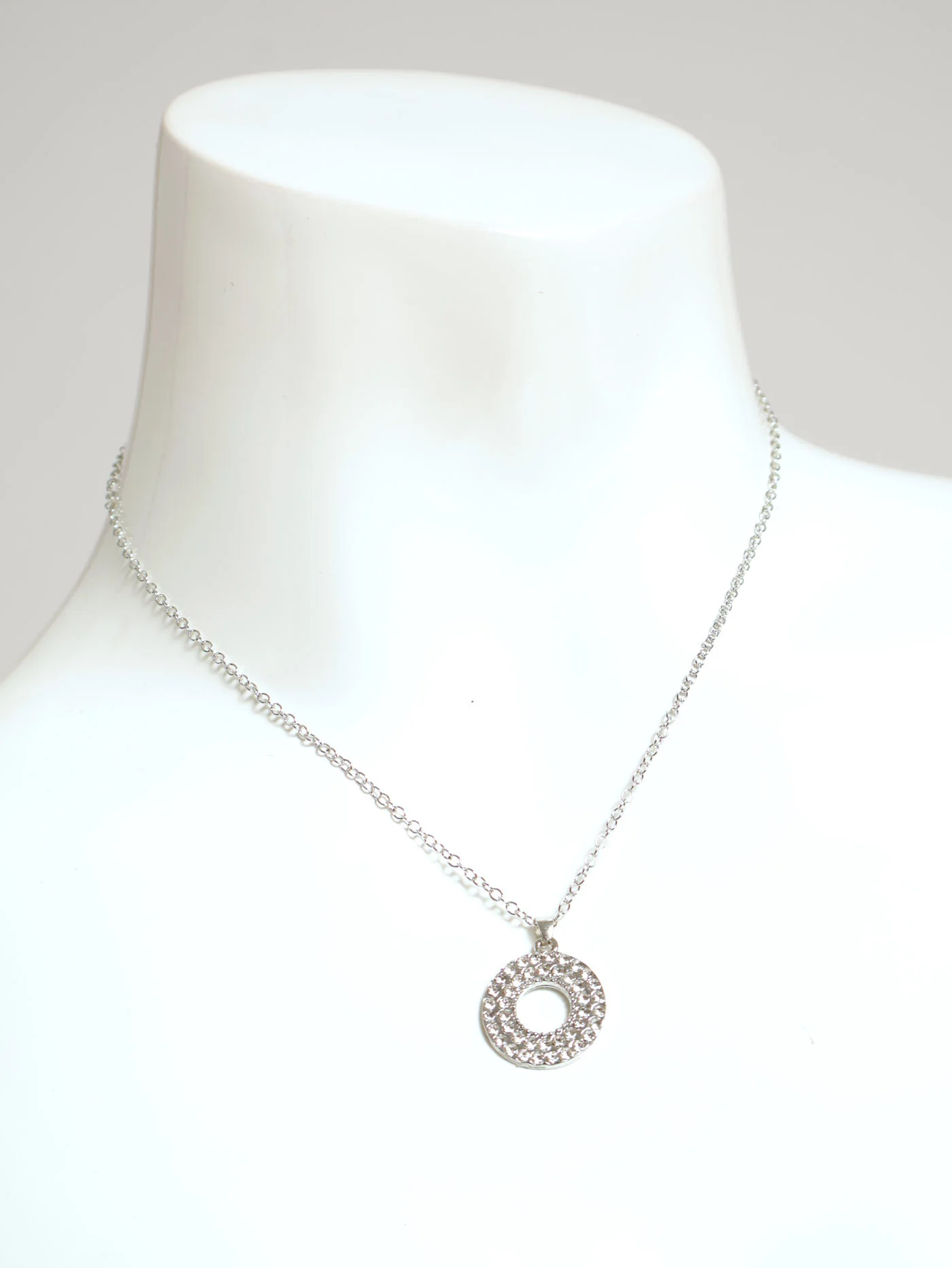 Diamante Ring Pendant Necklace & Earrings - Silver