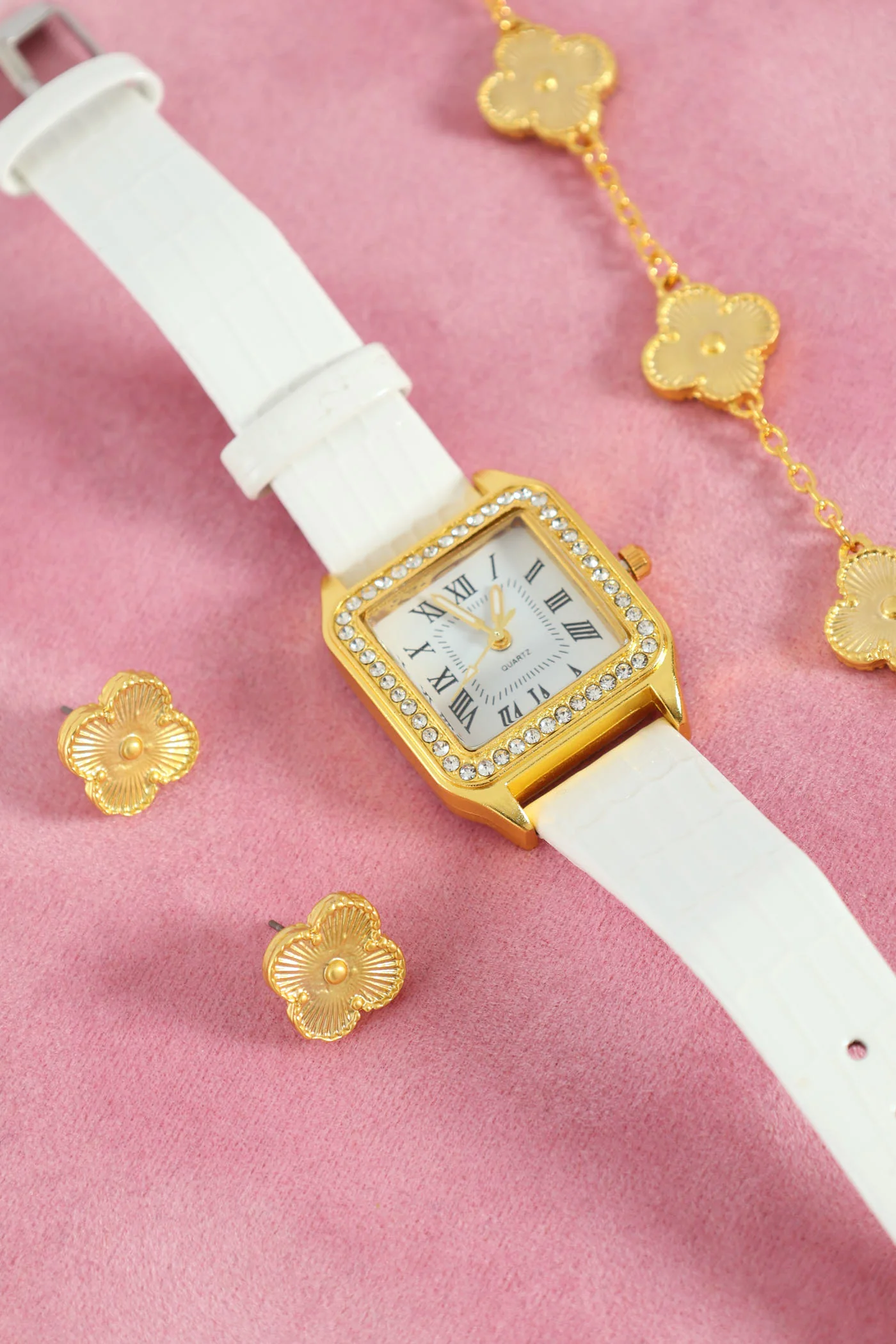 Diamante Square Pu Strap Watch & Clover Bracelets - White