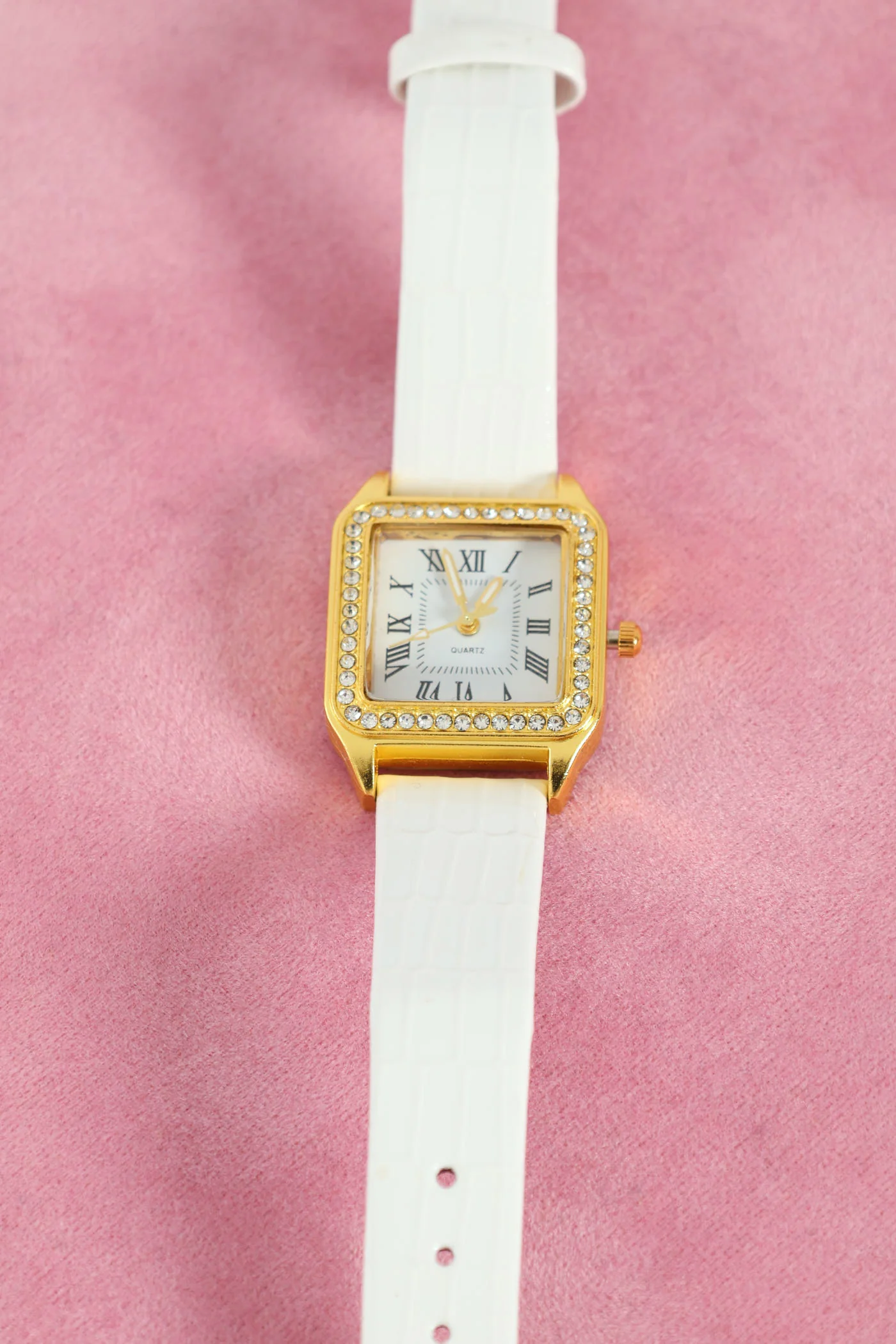 Diamante Square Pu Strap Watch & Clover Bracelets - White - Image 4