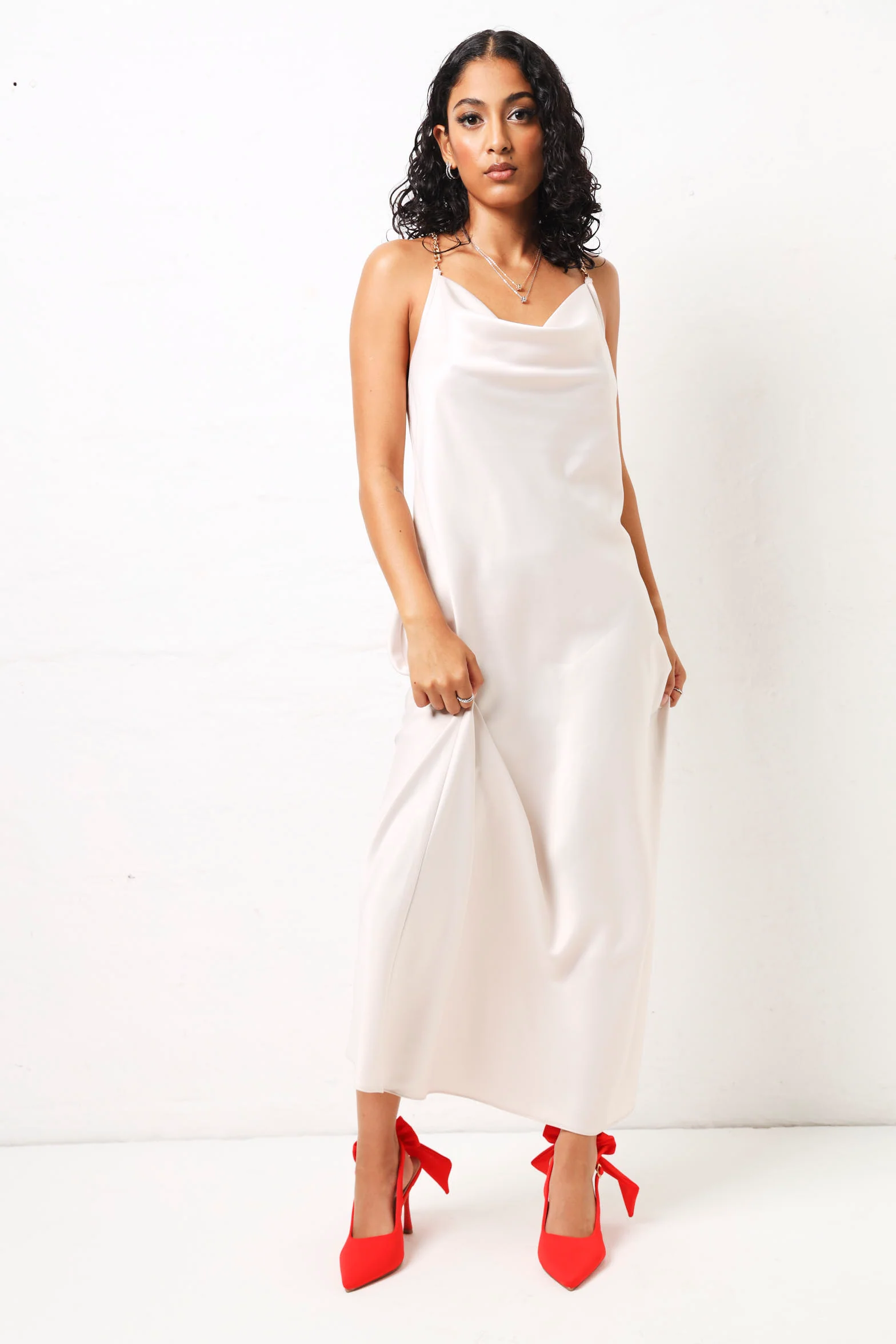 Diamante Straps Satin Maxi Dress - Champagne