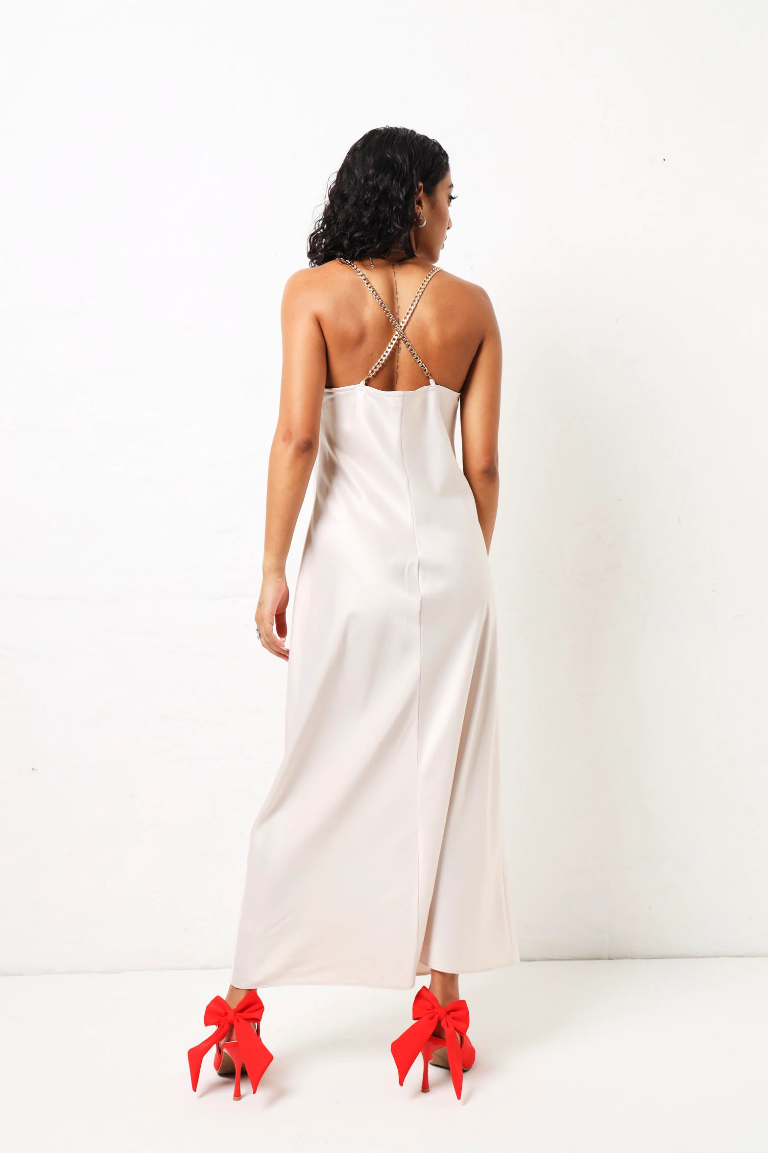 Diamante Straps Satin Maxi Dress - Champagne - Image 2