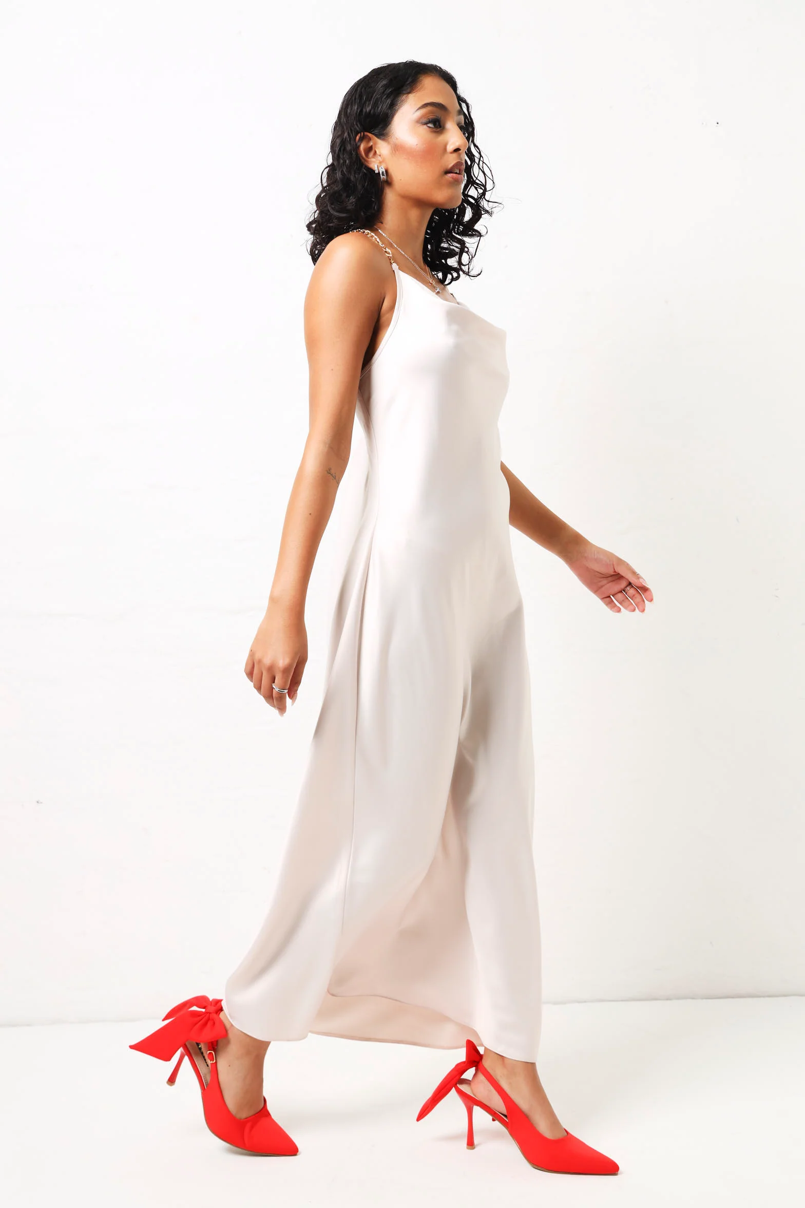 Diamante Straps Satin Maxi Dress - Champagne - Image 3