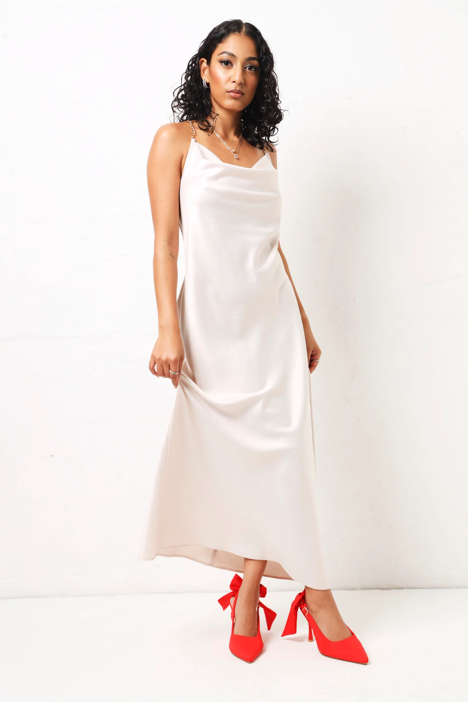 Diamante Straps Satin Maxi Dress - Champagne - Image 6