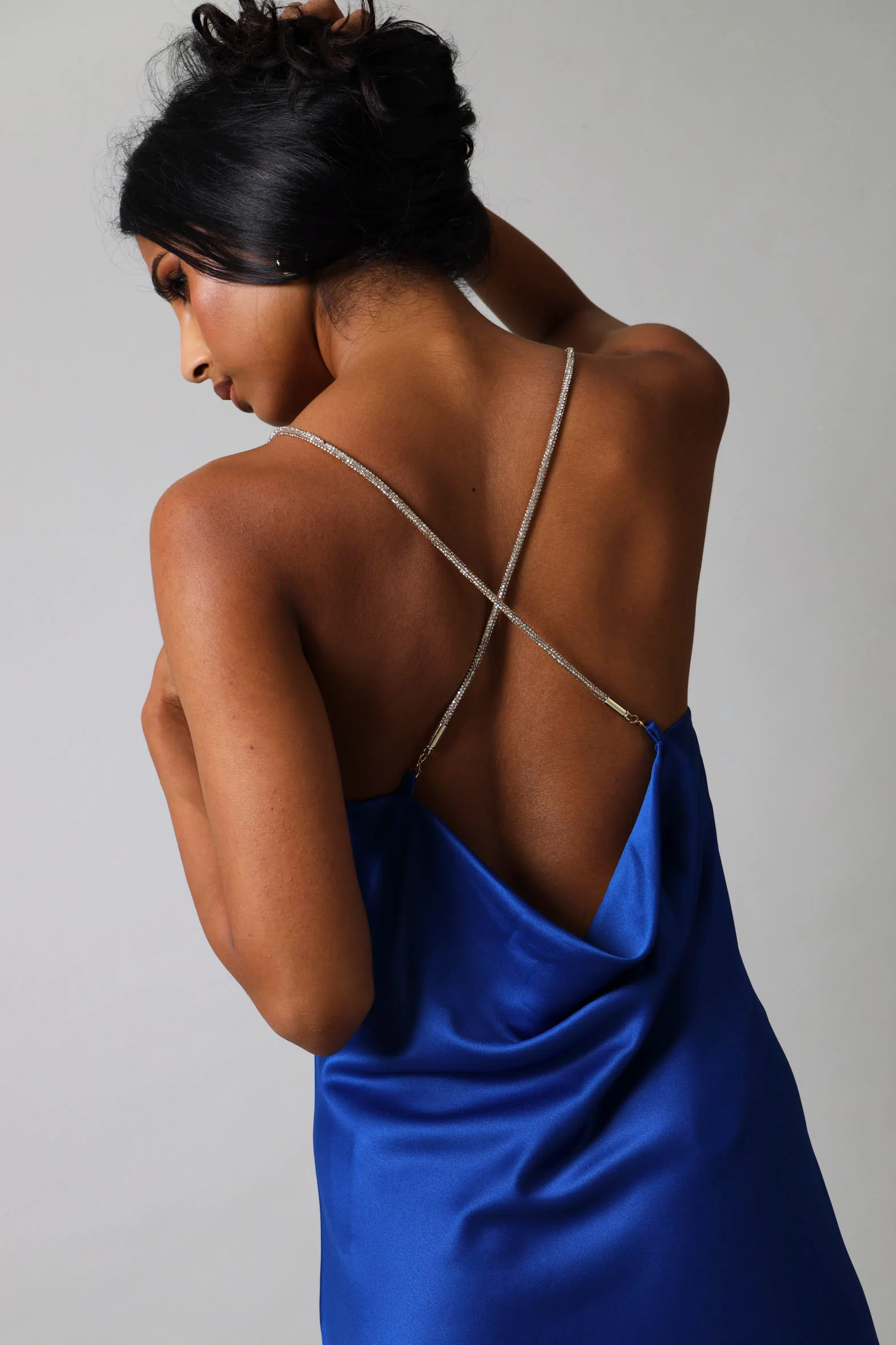 Diamante Trim Maxi Satin Dress - Cobalt - Image 2