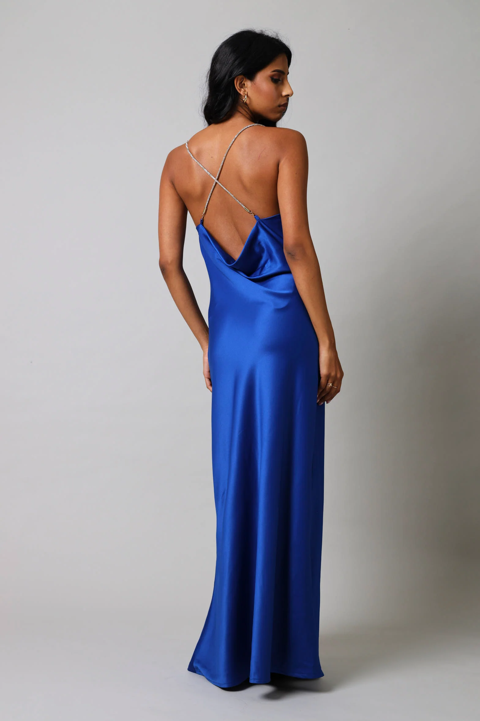 Diamante Trim Maxi Satin Dress - Cobalt - Image 4
